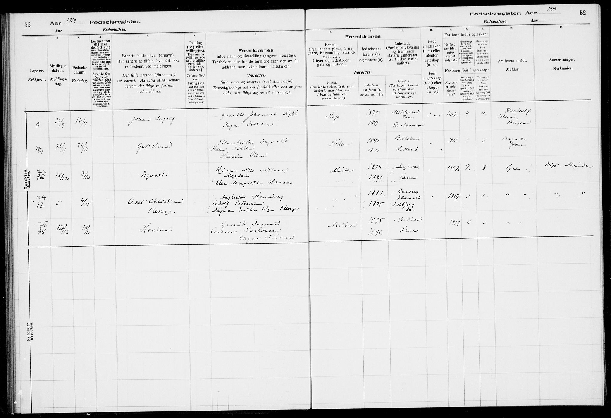 Birkeland Sokneprestembete, AV/SAB-A-74601/I/Id/L00A1: Fødselsregister nr. A 1, 1916-1926, s. 52