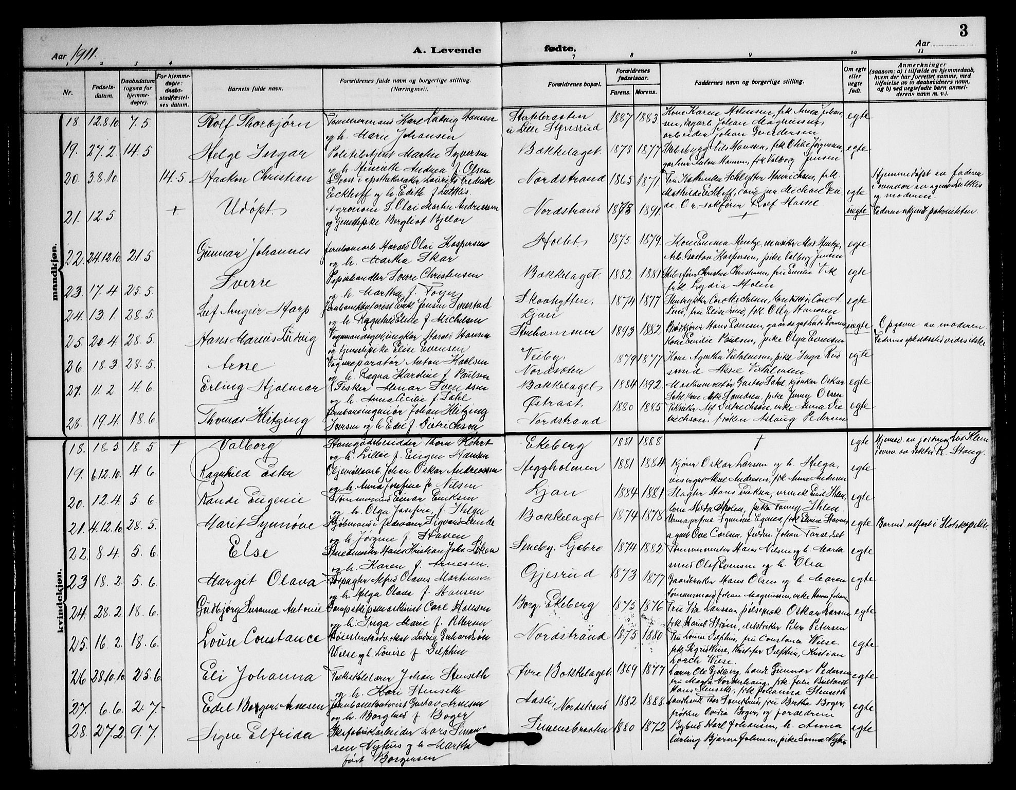 Nordstrand prestekontor Kirkebøker, AV/SAO-A-10362a/G/Ga/L0001: Klokkerbok nr. I 1, 1911-1918, s. 3