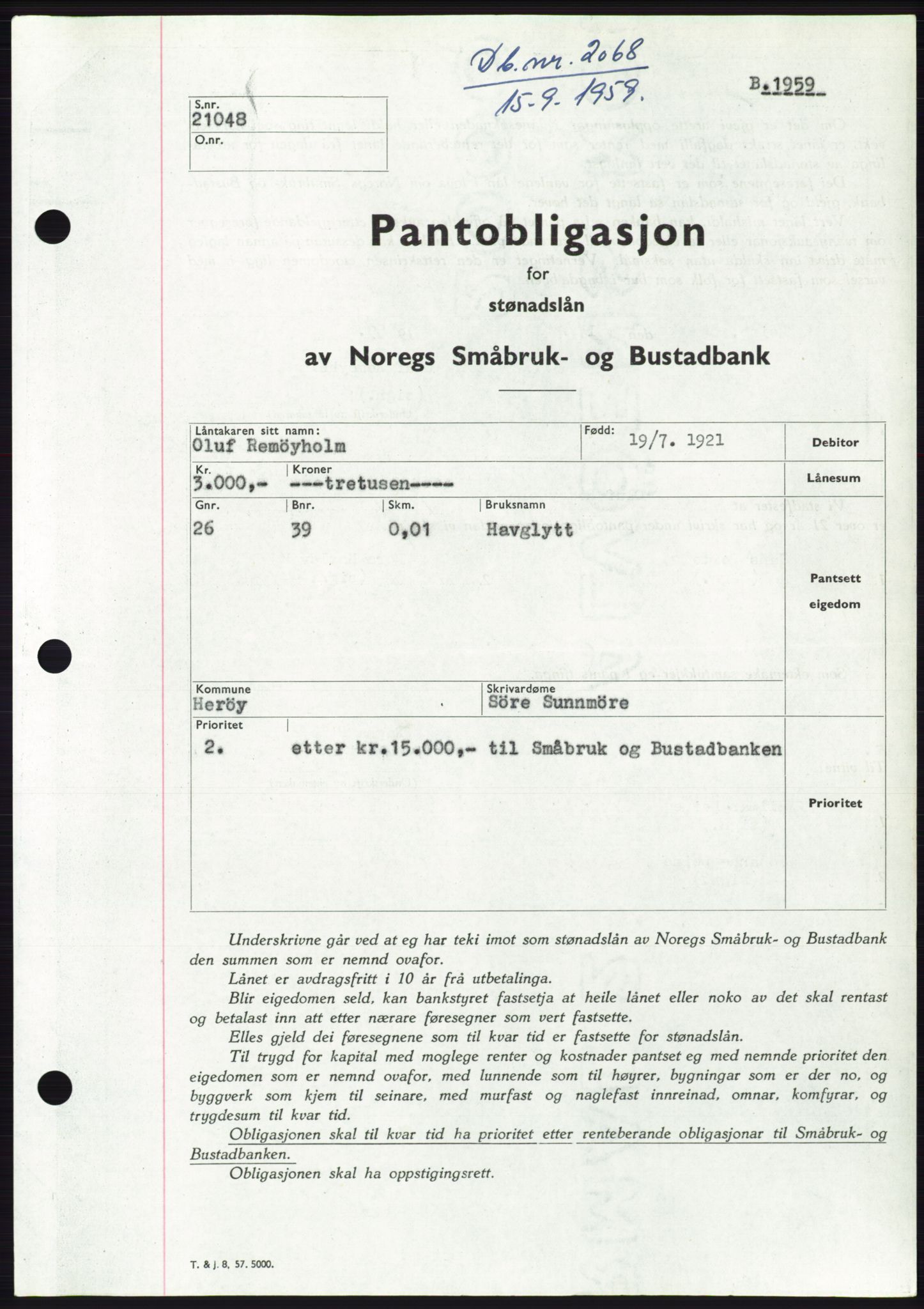Søre Sunnmøre sorenskriveri, SAT/A-4122/1/2/2C/L0133: Pantebok nr. 21B, 1959-1959, Dagboknr: 2068/1959