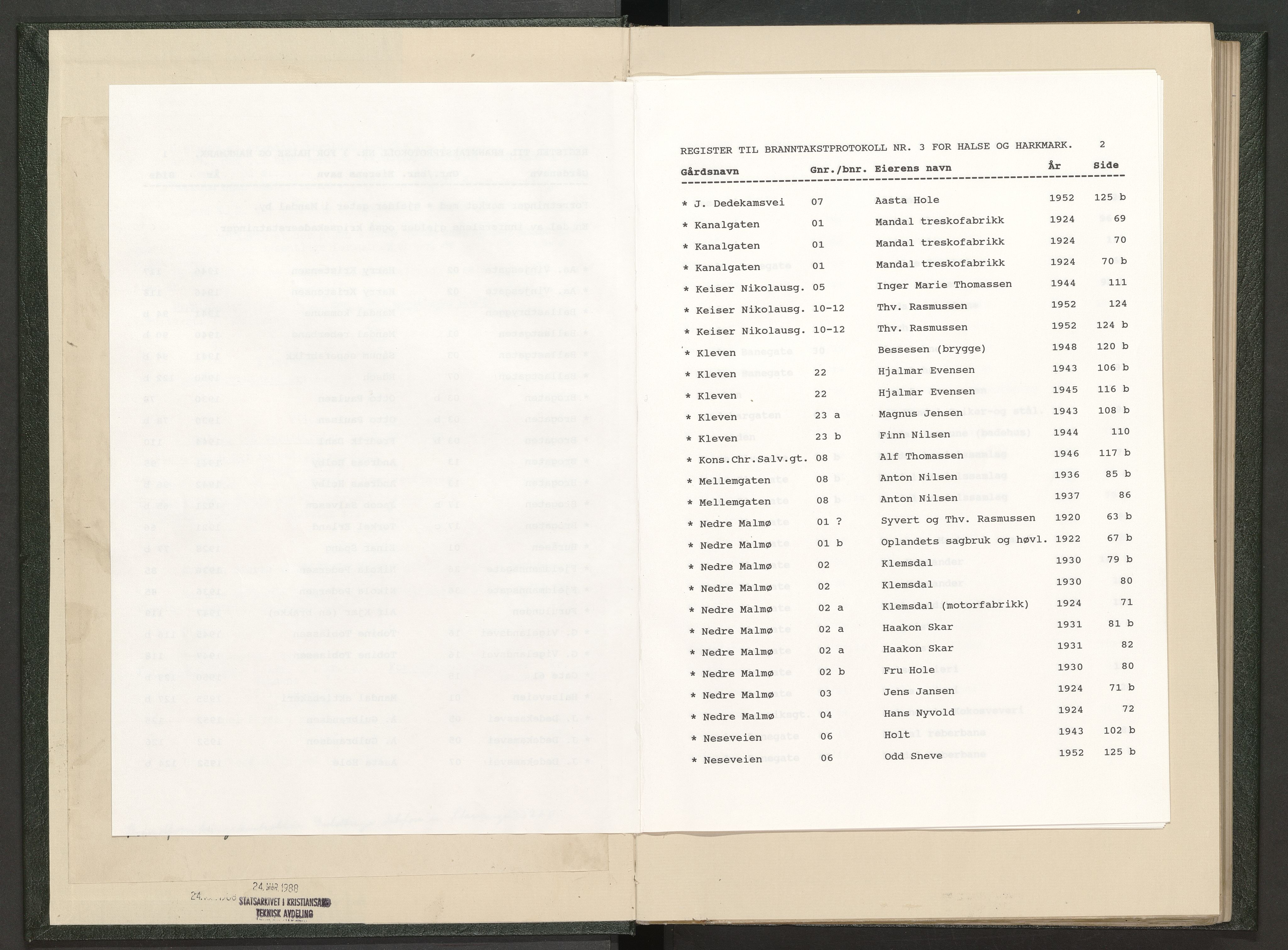 Norges Brannkasse Halse og Harkmark, AV/SAK-2241-0020/F/Fa/L0003: Branntakstprotokoll nr. 3 med gårdsnavnregister, 1895-1955