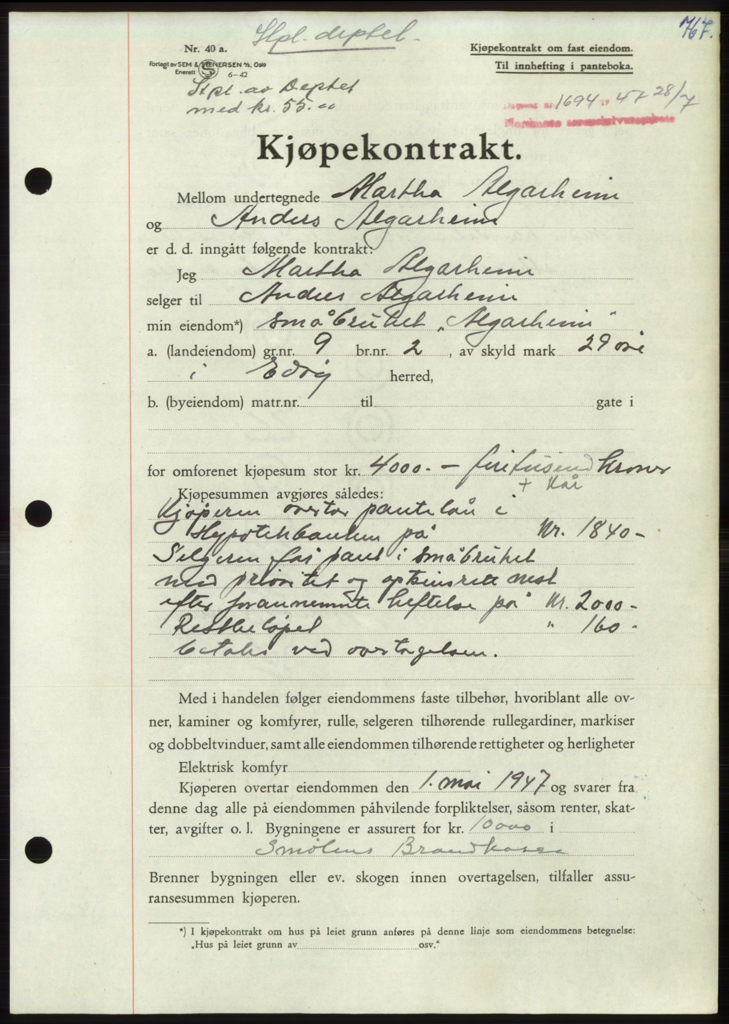Nordmøre sorenskriveri, SAT/A-4132/1/2/2Ca: Pantebok nr. B96, 1947-1947, Dagboknr: 1694/1947