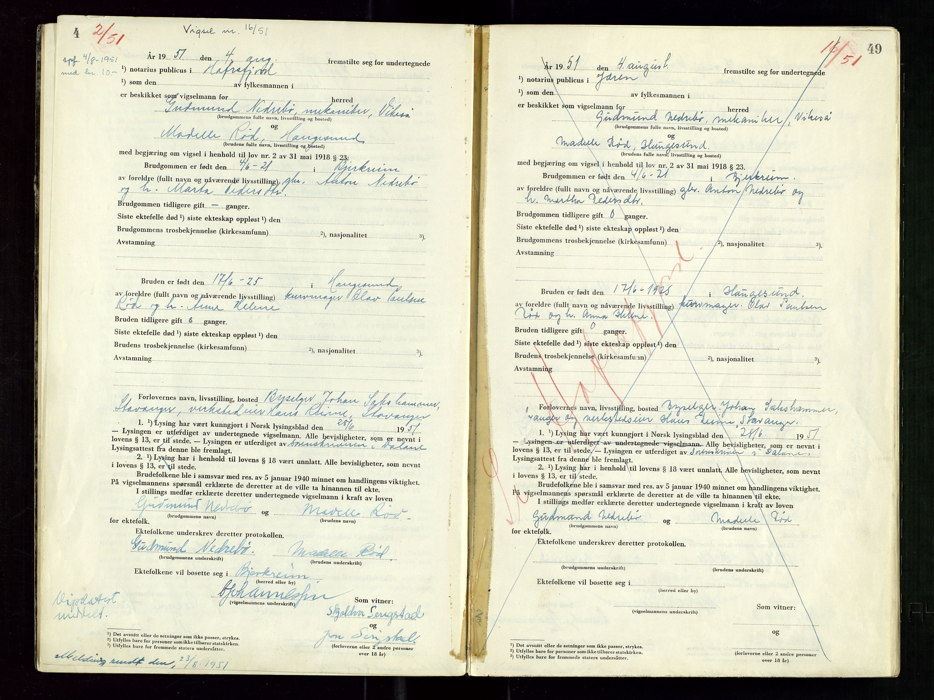 Hafrsfjord sorenskriveri, AV/SAST-A-100313/I/Ic/L0001: "Vigsels-bok", 1951-1959, s. 4-49