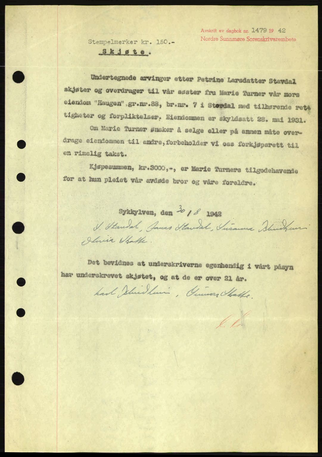 Nordre Sunnmøre sorenskriveri, SAT/A-0006/1/2/2C/2Ca: Pantebok nr. A14, 1942-1942, Dagboknr: 1479/1942