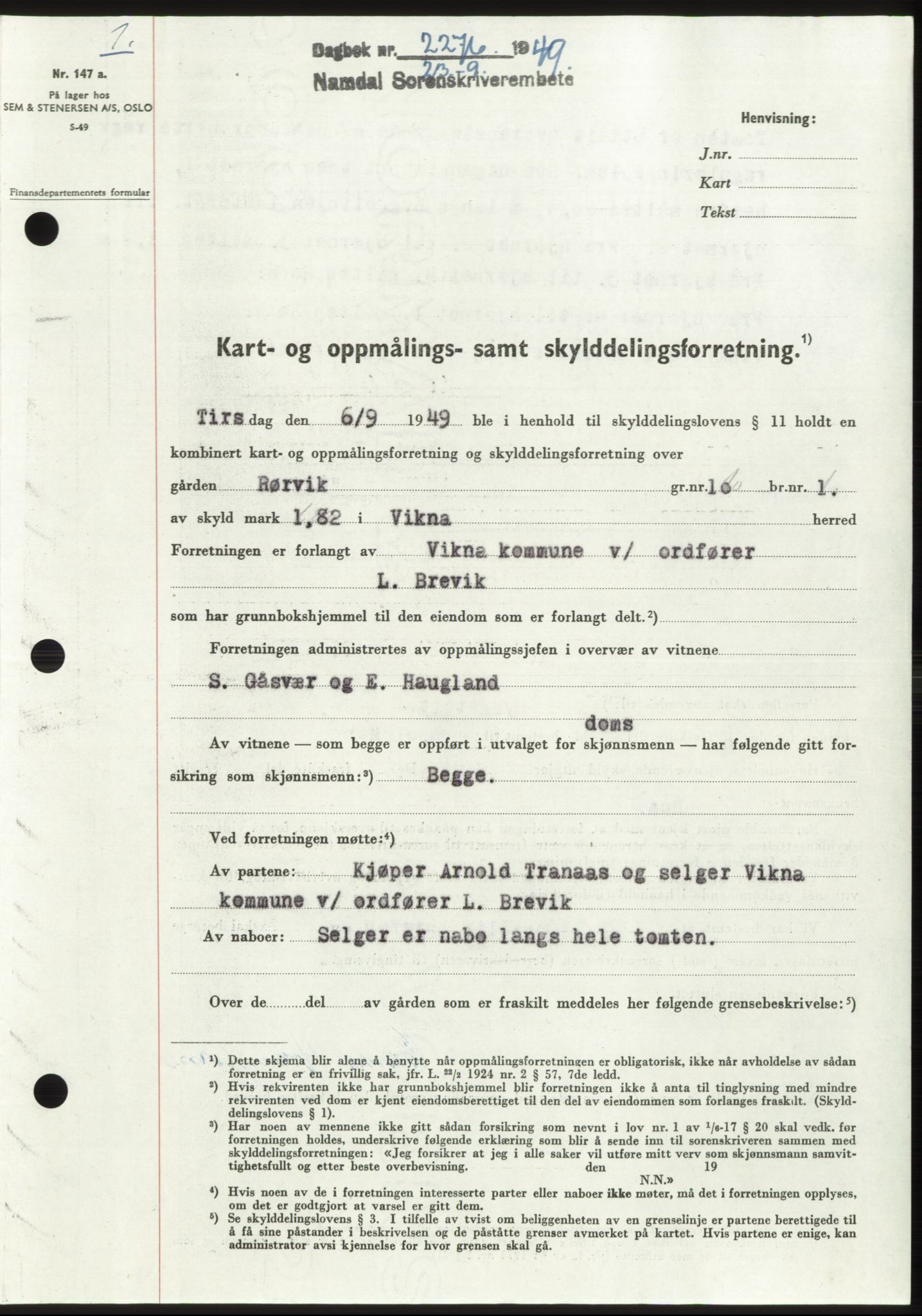 Namdal sorenskriveri, SAT/A-4133/1/2/2C: Pantebok nr. -, 1949-1949, Dagboknr: 2276/1949