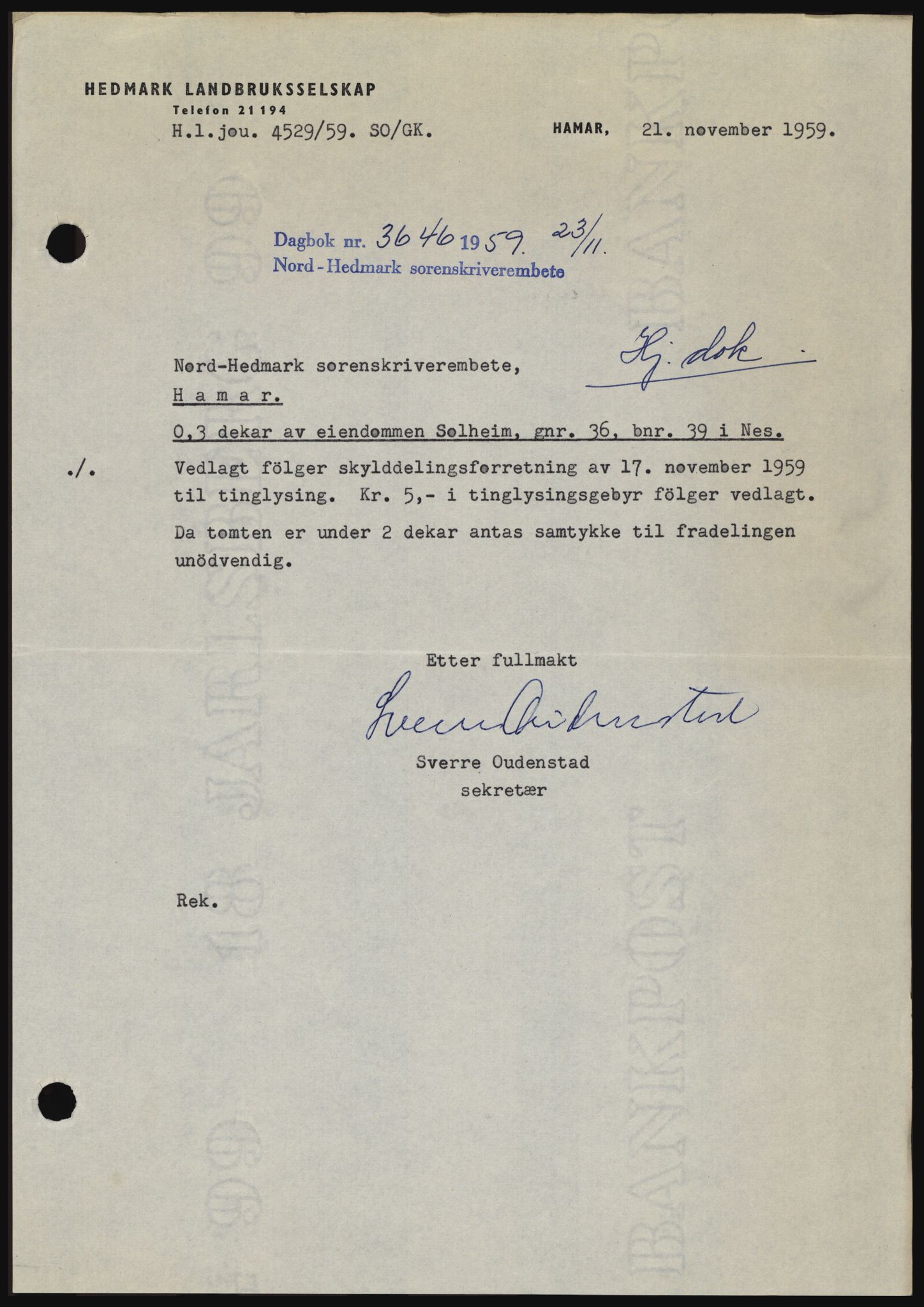 Nord-Hedmark sorenskriveri, SAH/TING-012/H/Hc/L0013: Pantebok nr. 13, 1959-1960, Dagboknr: 3646/1959