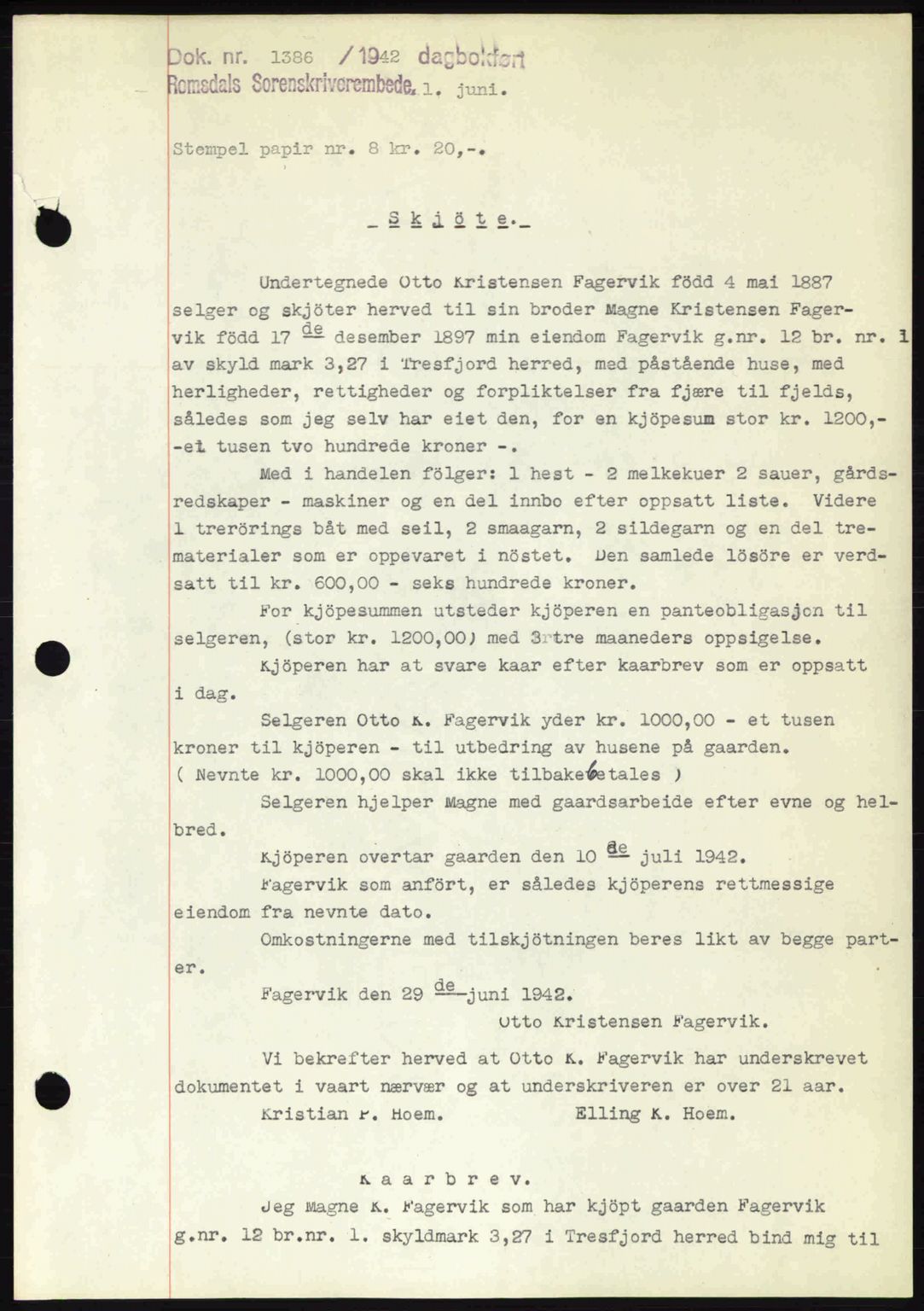 Romsdal sorenskriveri, SAT/A-4149/1/2/2C: Pantebok nr. A12, 1942-1942, Dagboknr: 1386/1942