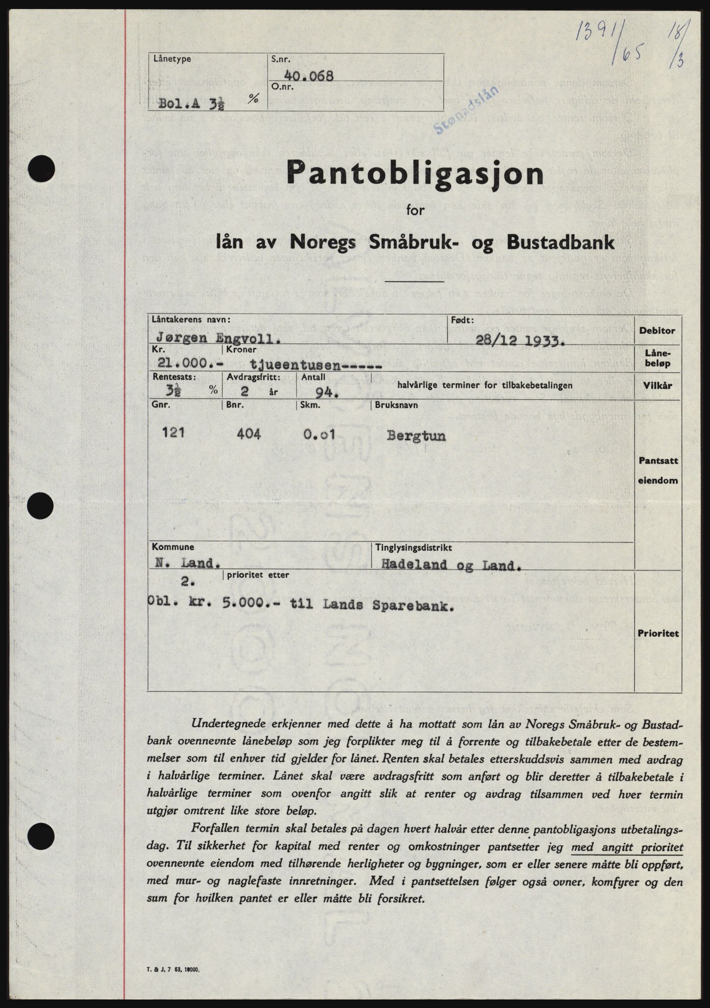 Hadeland og Land tingrett, SAH/TING-010/H/Hb/Hbc/L0058: Pantebok nr. B58, 1965-1965, Dagboknr: 1391/1965