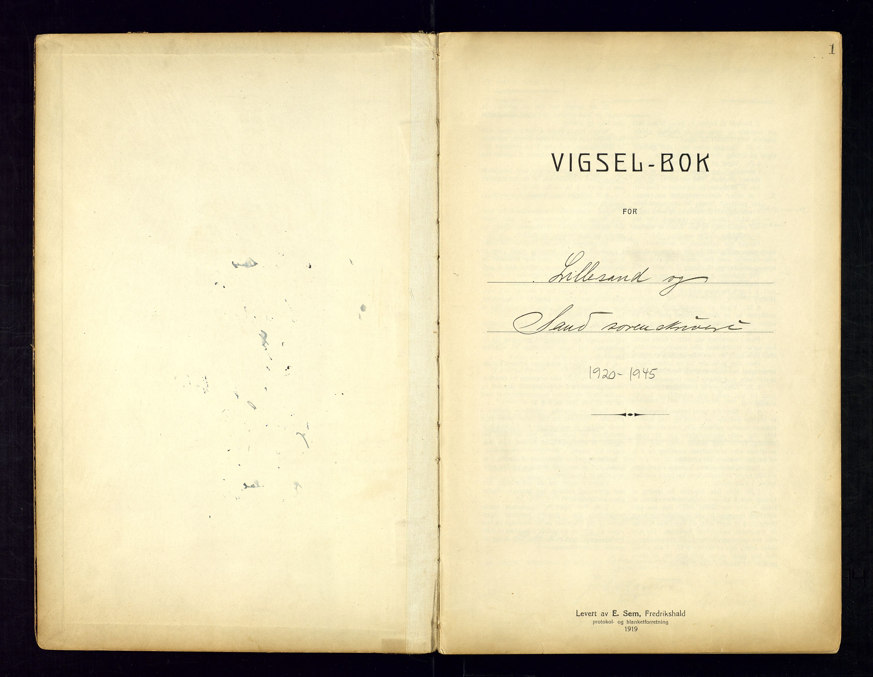 Sand sorenskriveri - 2, SAK/1221-0110/I/Ib/L0532/0004: Lysning og vigsel / Vigselbok for Lillesand og Sand, 1920-1945, s. 1