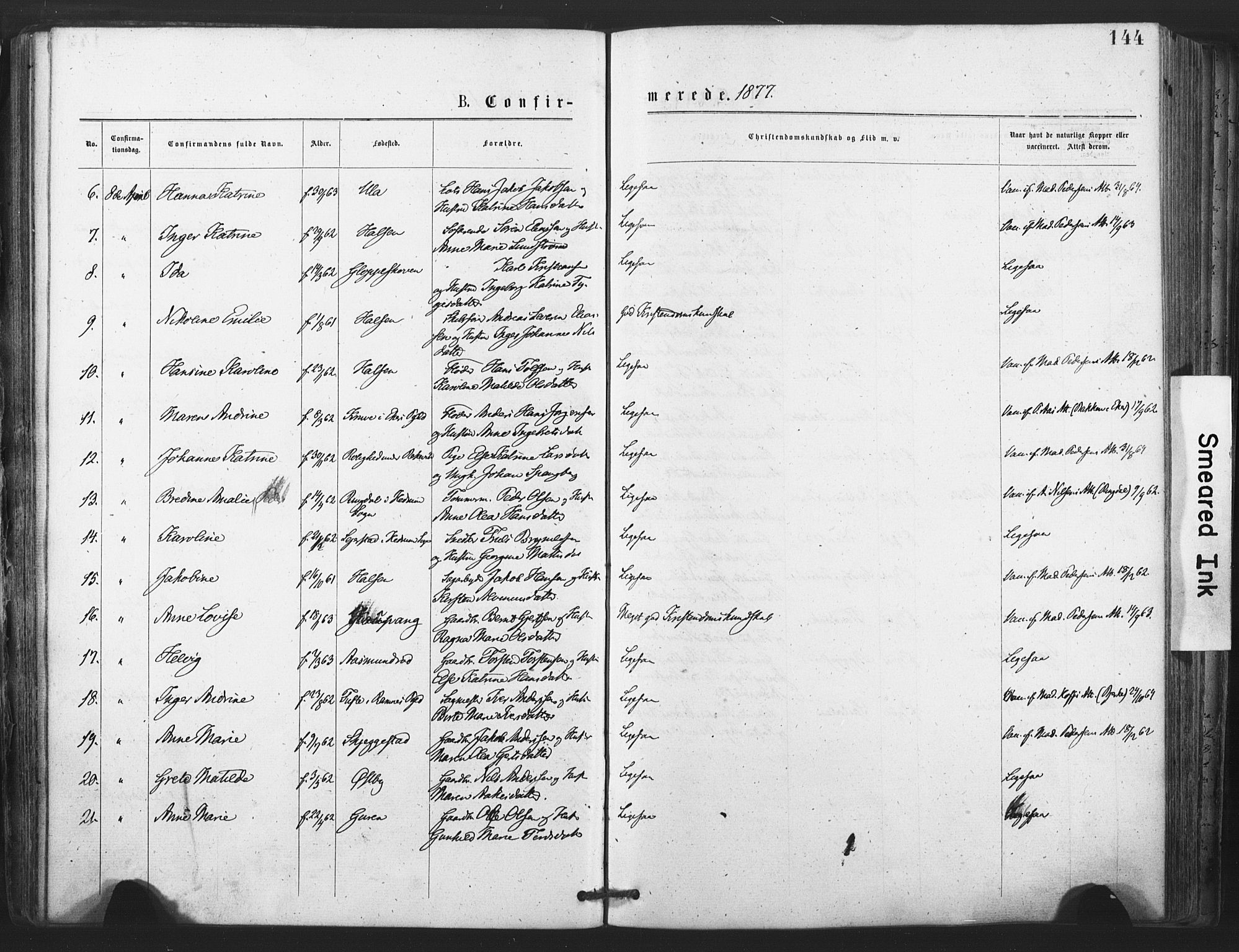 Tjølling kirkebøker, AV/SAKO-A-60/F/Fa/L0008: Ministerialbok nr. 8, 1877-1886, s. 144