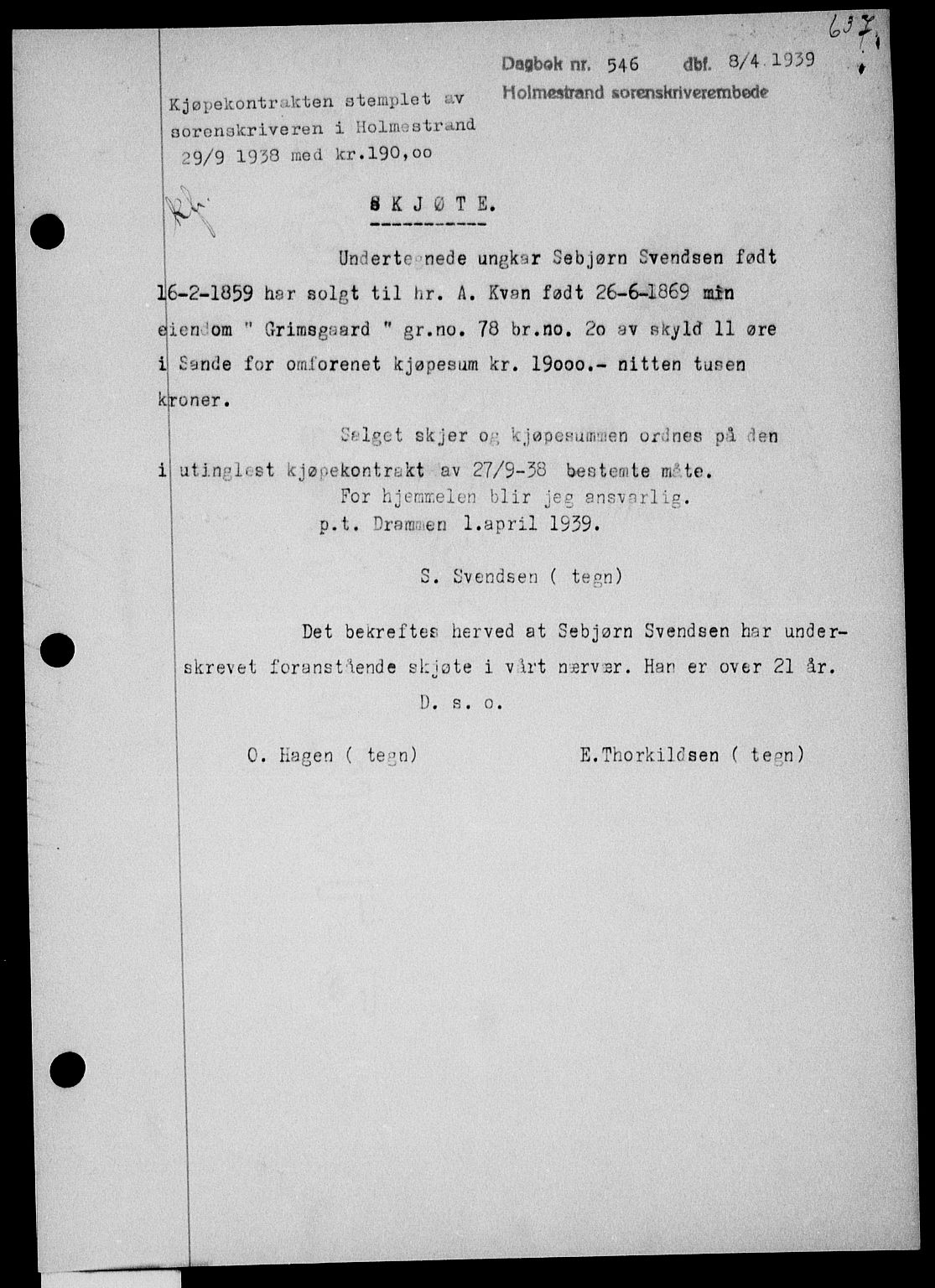 Holmestrand sorenskriveri, SAKO/A-67/G/Ga/Gaa/L0050: Pantebok nr. A-50, 1938-1939, Dagboknr: 546/1939