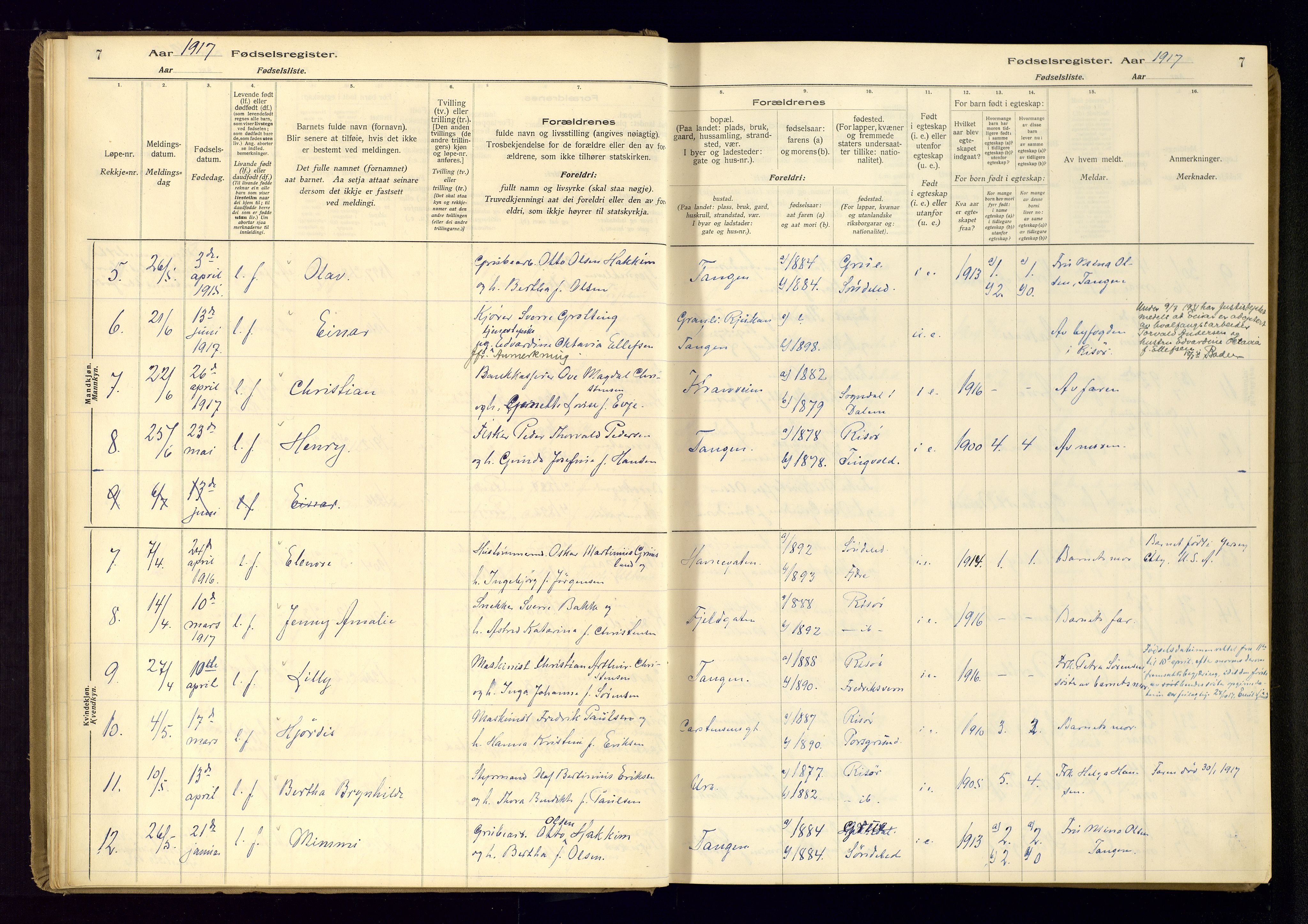 Risør sokneprestkontor, AV/SAK-1111-0035/J/Ja/L0001: Fødselsregister nr. A-VI-13, 1916-1947, s. 7