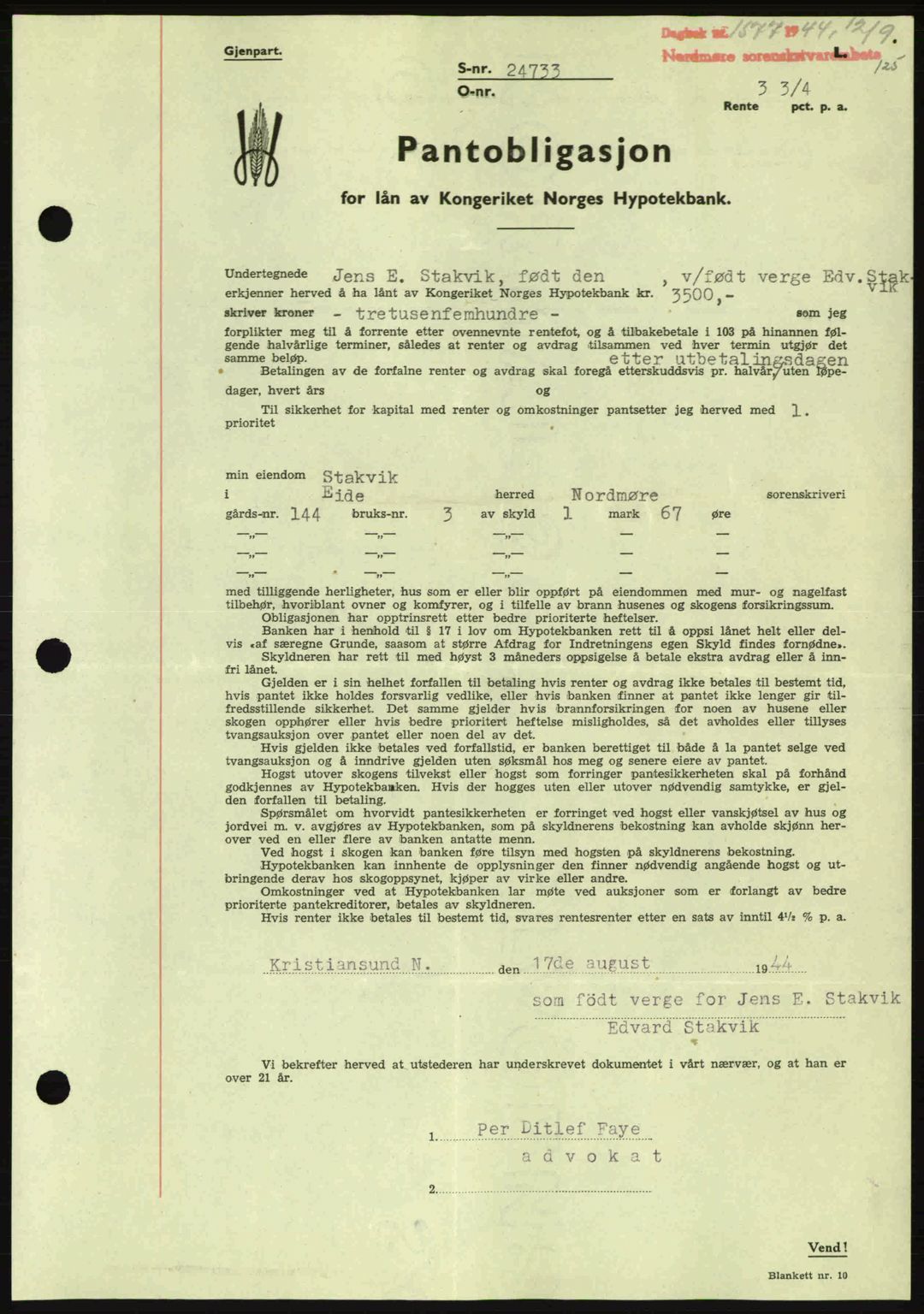 Nordmøre sorenskriveri, AV/SAT-A-4132/1/2/2Ca: Pantebok nr. B92, 1944-1945, Dagboknr: 1577/1944