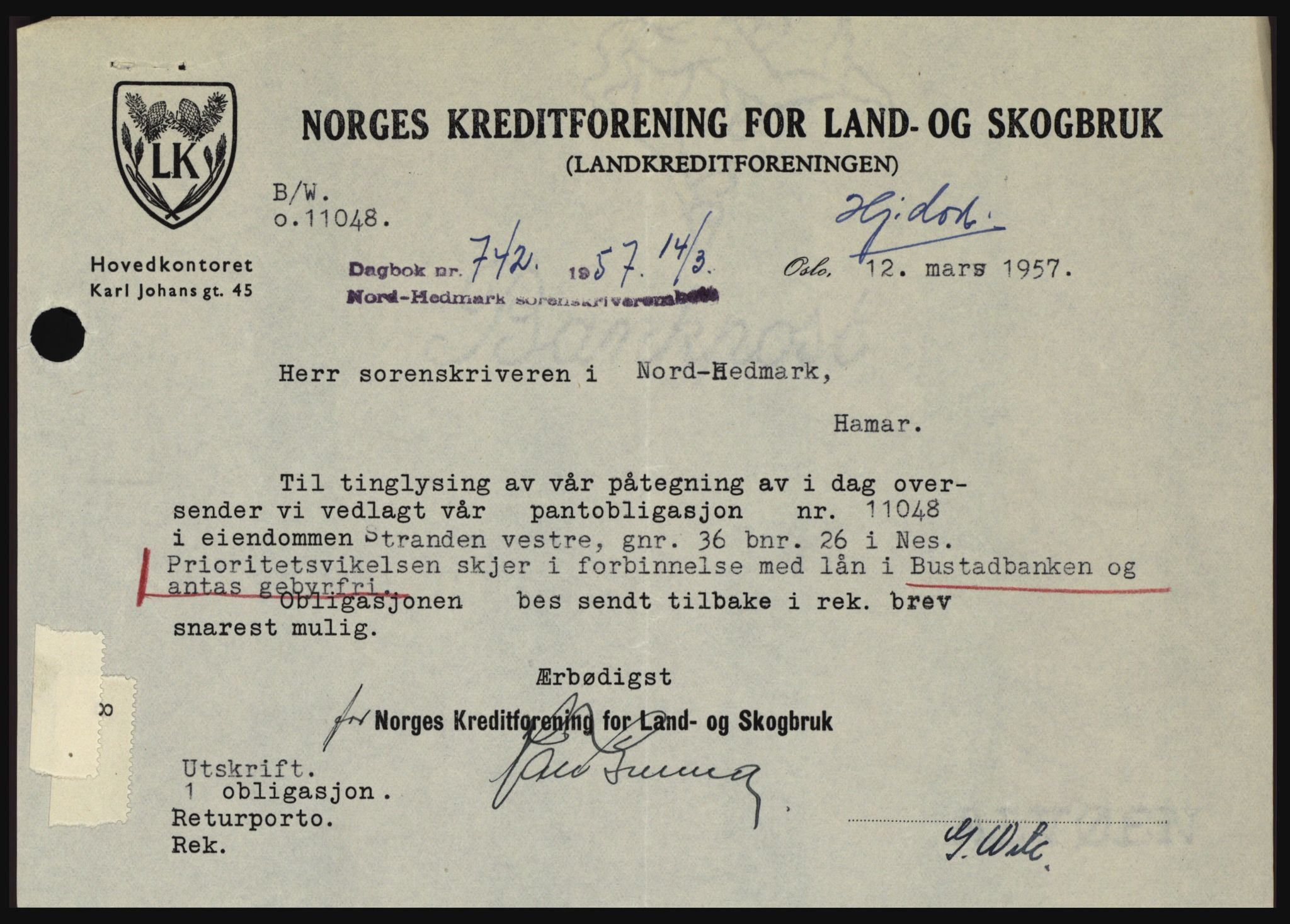 Nord-Hedmark sorenskriveri, SAH/TING-012/H/Hc/L0011: Pantebok nr. 11, 1956-1957, Dagboknr: 742/1957