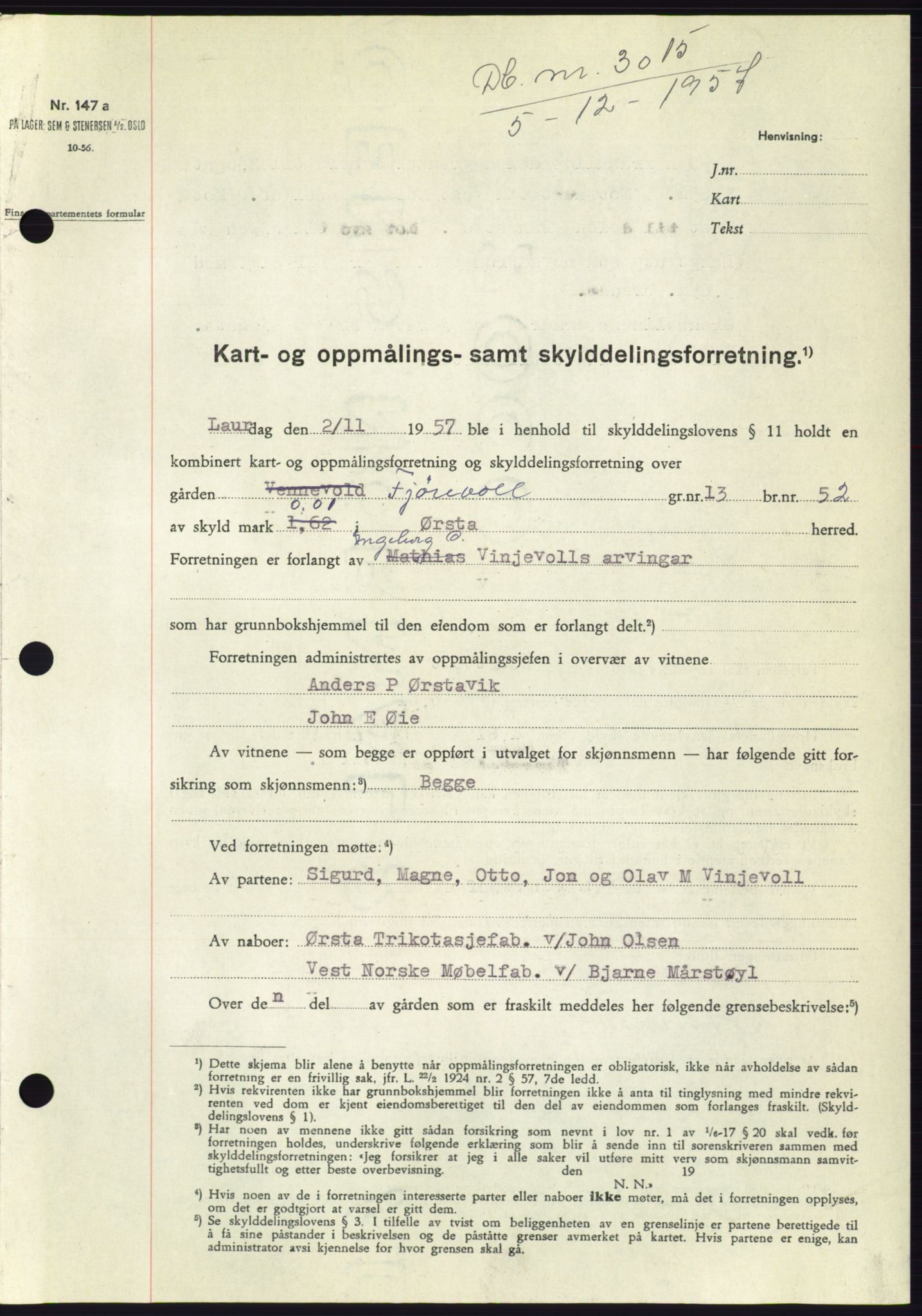 Søre Sunnmøre sorenskriveri, SAT/A-4122/1/2/2C/L0108: Pantebok nr. 34A, 1957-1958, Dagboknr: 3015/1957