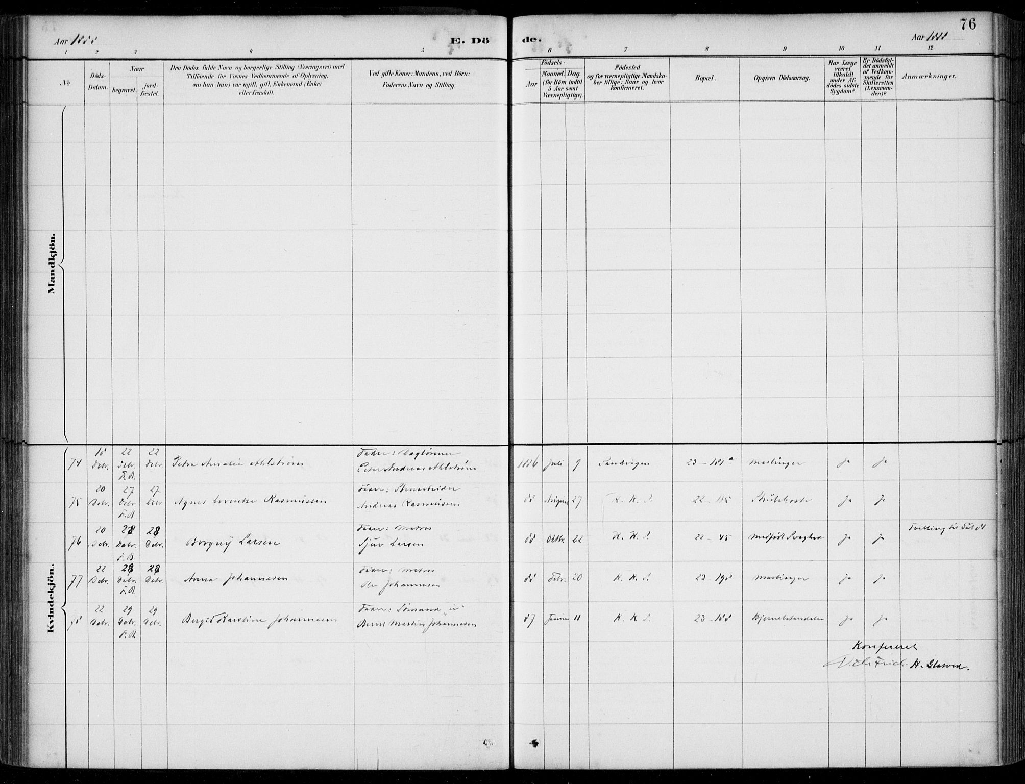 Korskirken sokneprestembete, SAB/A-76101/H/Hab: Klokkerbok nr. E 4, 1884-1910, s. 76