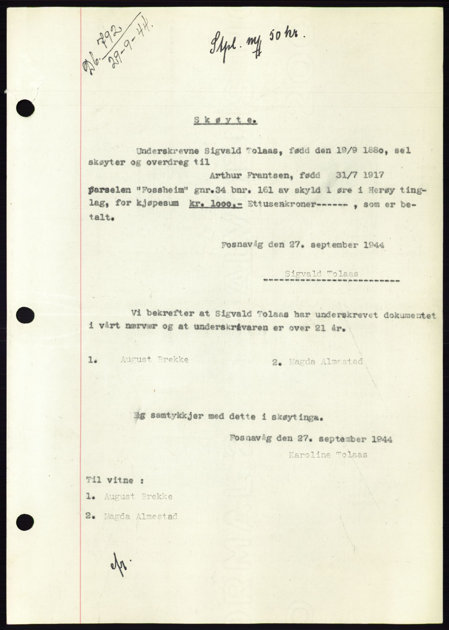 Søre Sunnmøre sorenskriveri, AV/SAT-A-4122/1/2/2C/L0076: Pantebok nr. 2A, 1943-1944, Dagboknr: 792/1944