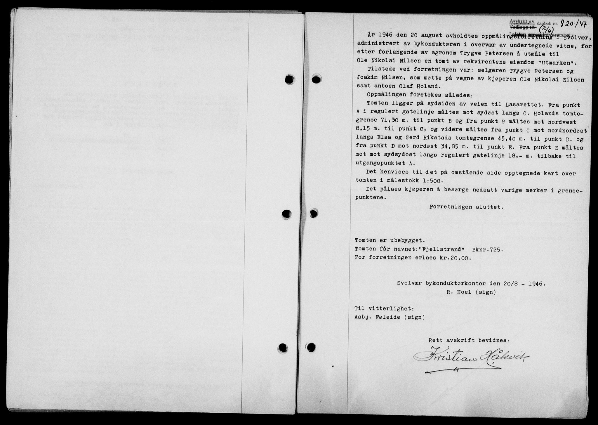Lofoten sorenskriveri, SAT/A-0017/1/2/2C/L0016a: Pantebok nr. 16a, 1947-1947, Dagboknr: 820/1947