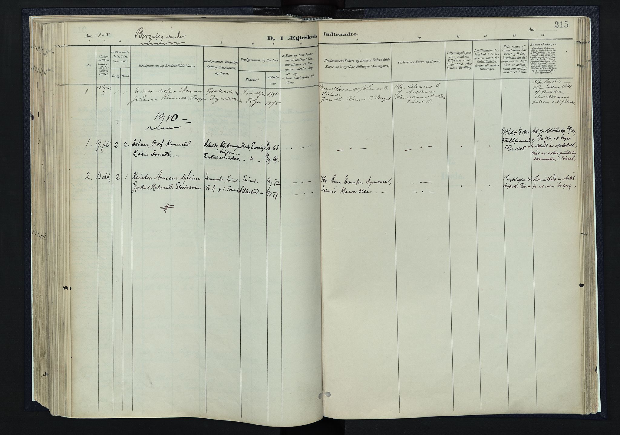 Tynset prestekontor, AV/SAH-PREST-058/H/Ha/Haa/L0025: Ministerialbok nr. 25, 1900-1914, s. 215