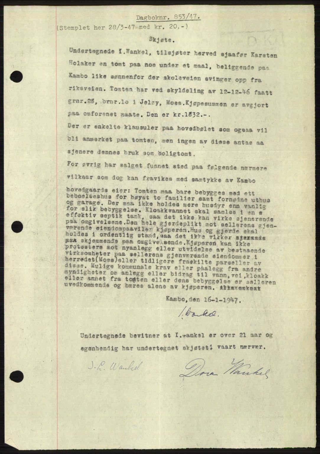 Moss sorenskriveri, SAO/A-10168: Pantebok nr. A17, 1947-1947, Dagboknr: 853/1947