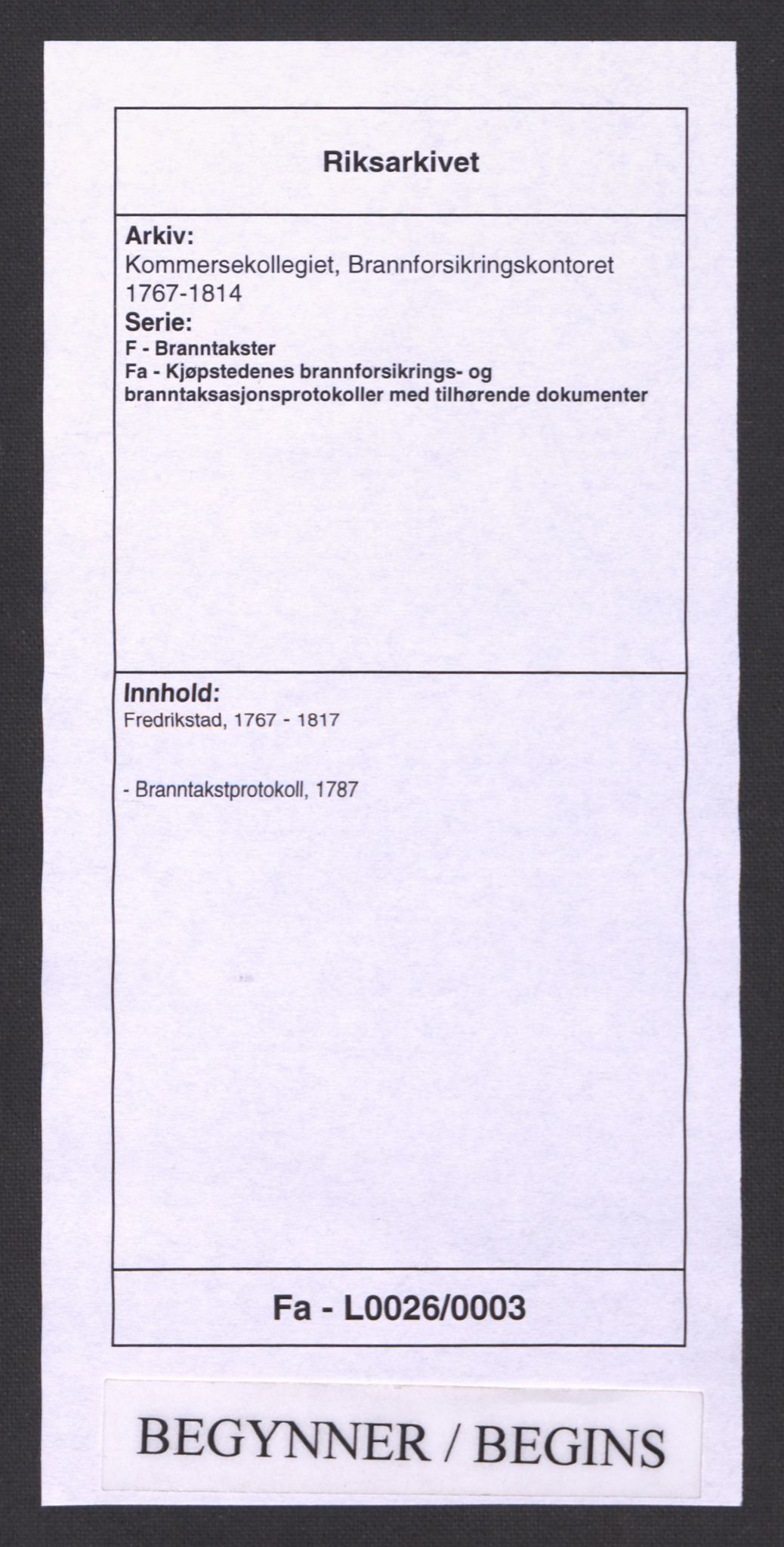 Kommersekollegiet, Brannforsikringskontoret 1767-1814, AV/RA-EA-5458/F/Fa/L0026/0003: Fredrikstad / Branntakstprotokoll, 1787