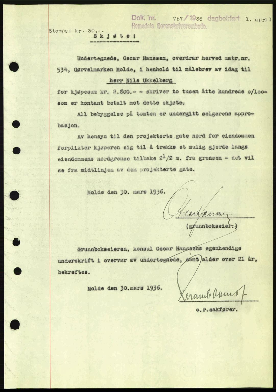 Romsdal sorenskriveri, SAT/A-4149/1/2/2C: Pantebok nr. A1, 1936-1936, Dagboknr: 757/1936