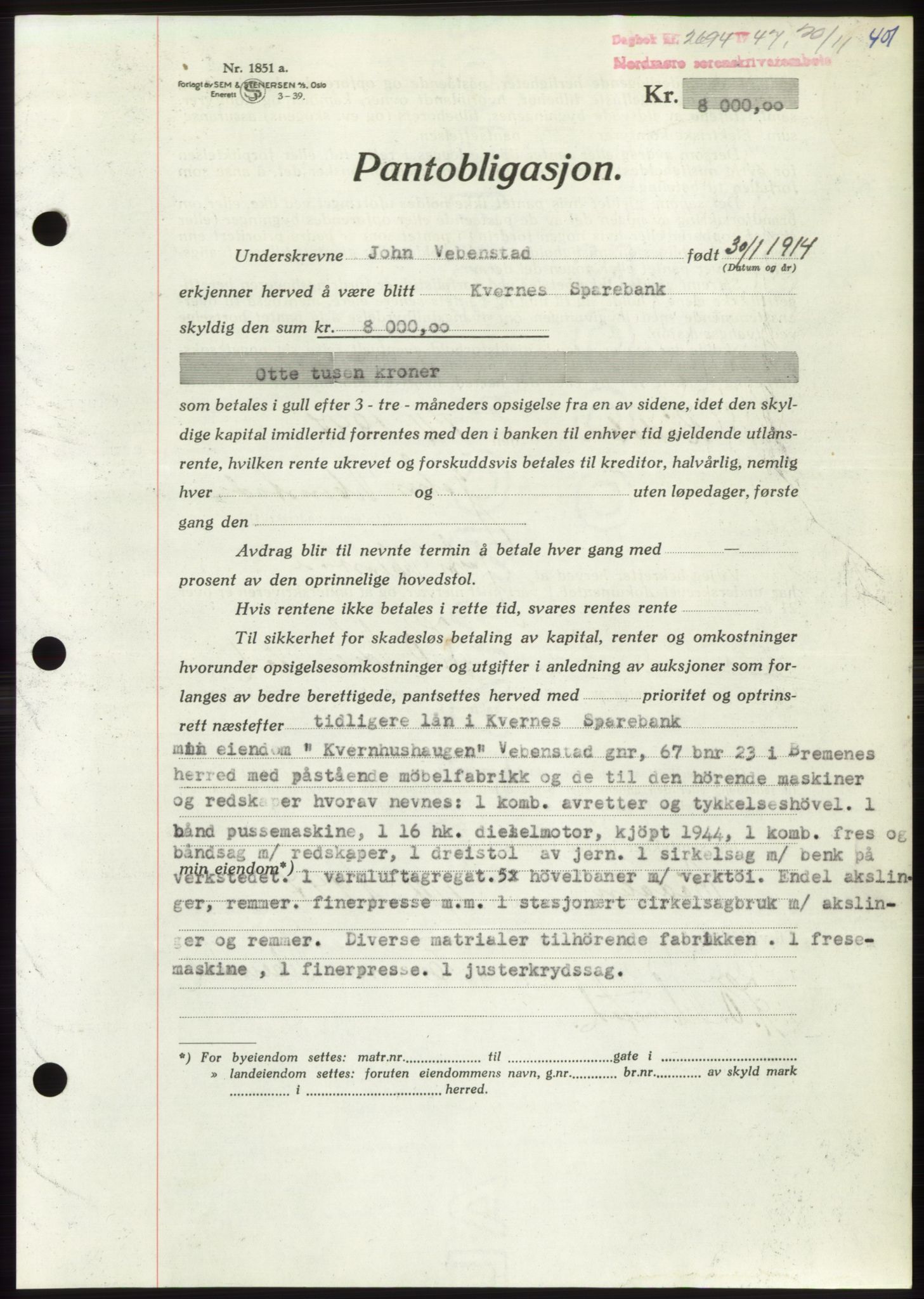 Nordmøre sorenskriveri, AV/SAT-A-4132/1/2/2Ca: Pantebok nr. B97, 1947-1948, Dagboknr: 2694/1947