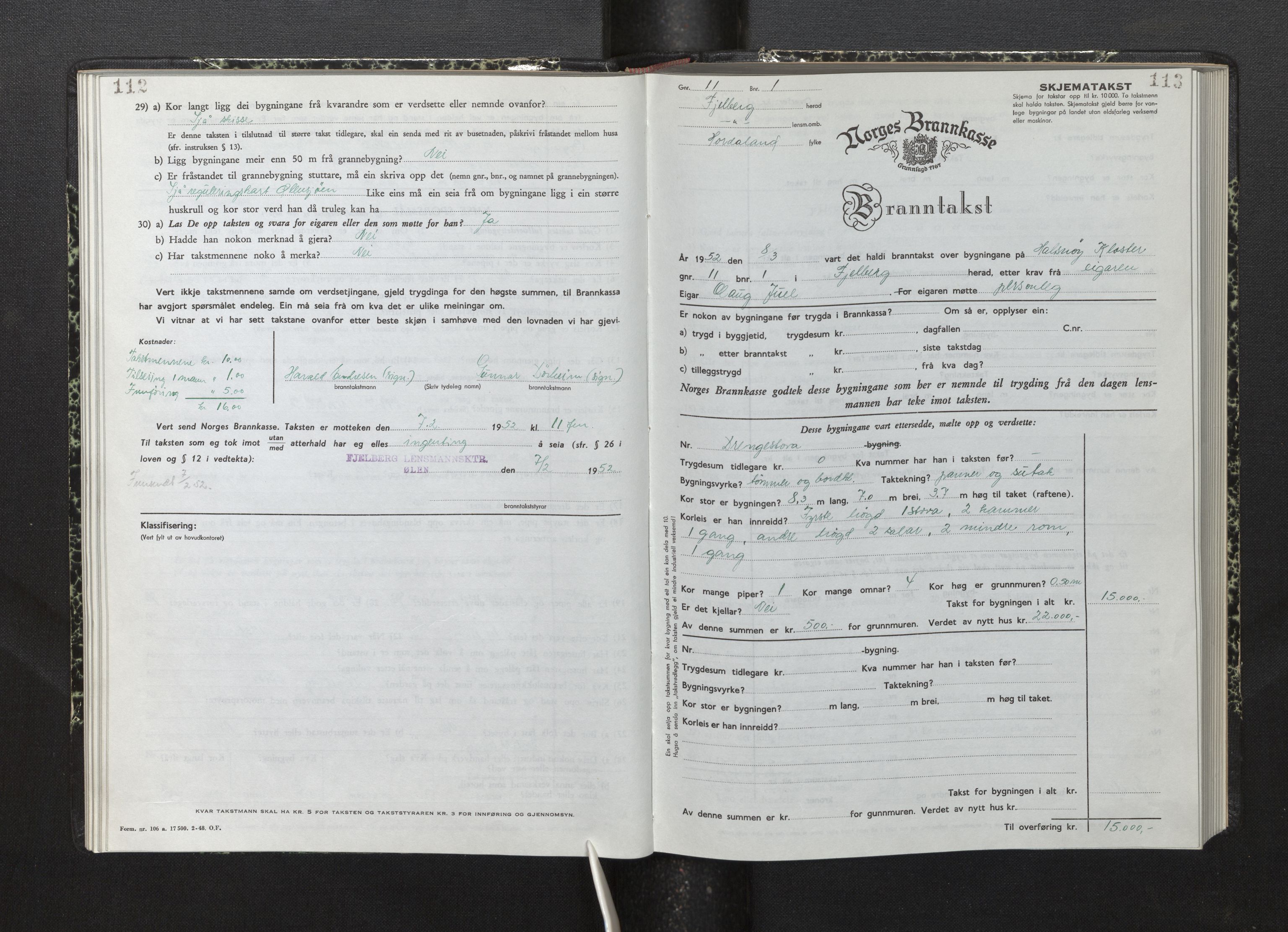 Lensmannen i Fjelberg, AV/SAB-A-32101/0012/L0008: Branntakstprotokoll, skjematakst, 1949-1955, s. 112-113