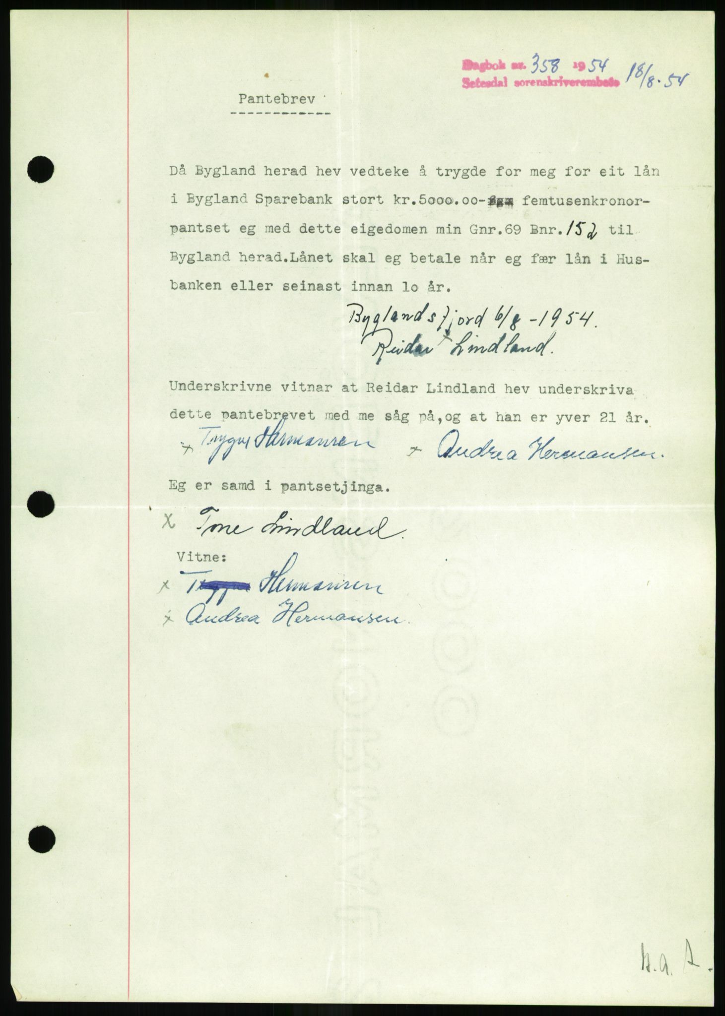 Setesdal sorenskriveri, SAK/1221-0011/G/Gb/L0052: Pantebok nr. B 40, 1954-1955, Dagboknr: 358/1954