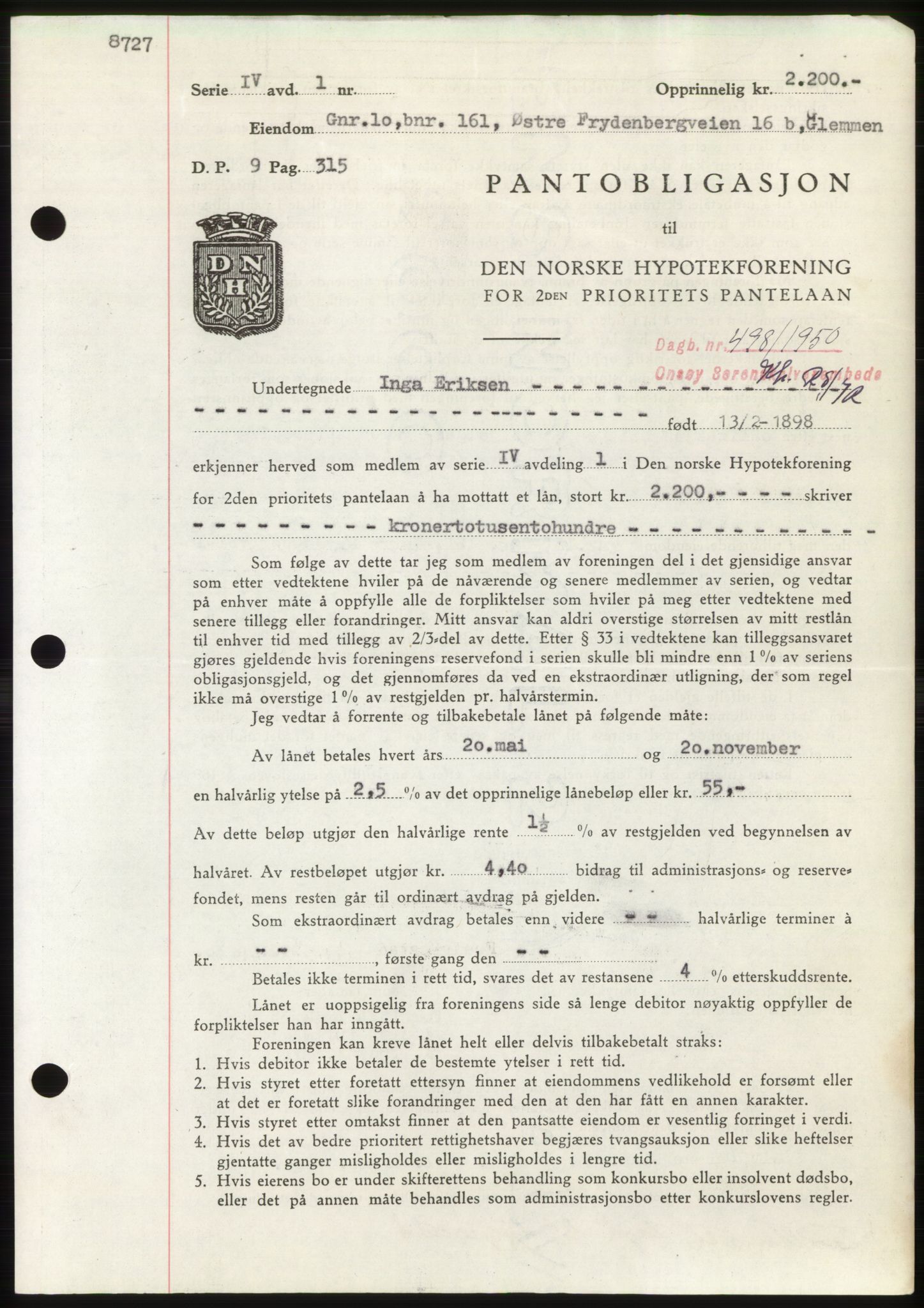 Onsøy sorenskriveri, SAO/A-10474/G/Ga/Gac/L0009: Pantebok nr. B 13-9, 1949-1950, Dagboknr: 498/1950