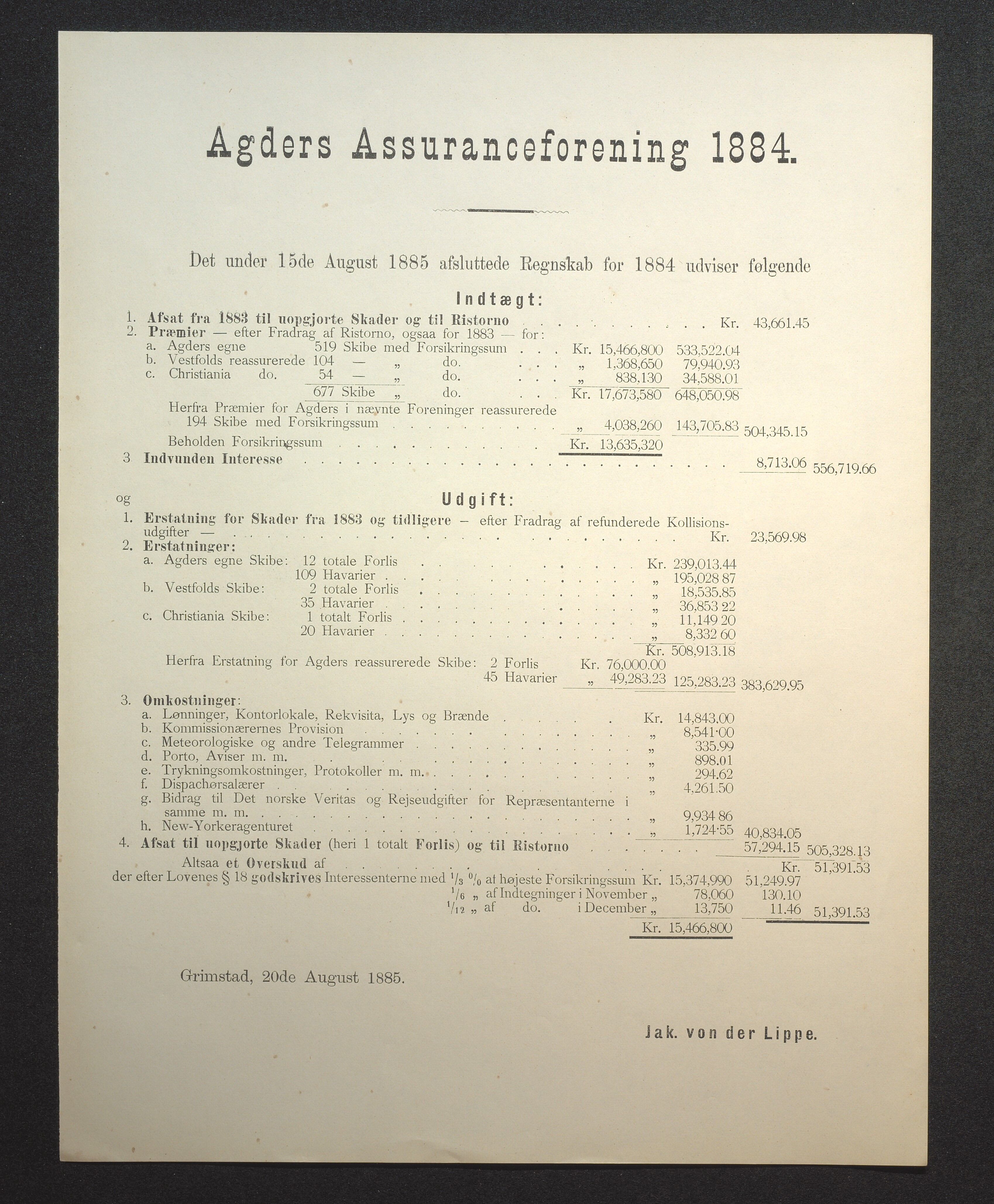 Agders Gjensidige Assuranceforening, AAKS/PA-1718/05/L0002: Regnskap, seilavdeling, pakkesak, 1881-1889