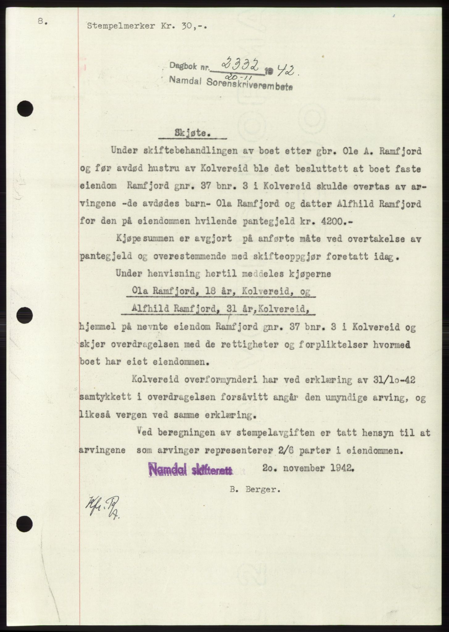 Namdal sorenskriveri, SAT/A-4133/1/2/2C: Pantebok nr. -, 1942-1943, Dagboknr: 2332/1942