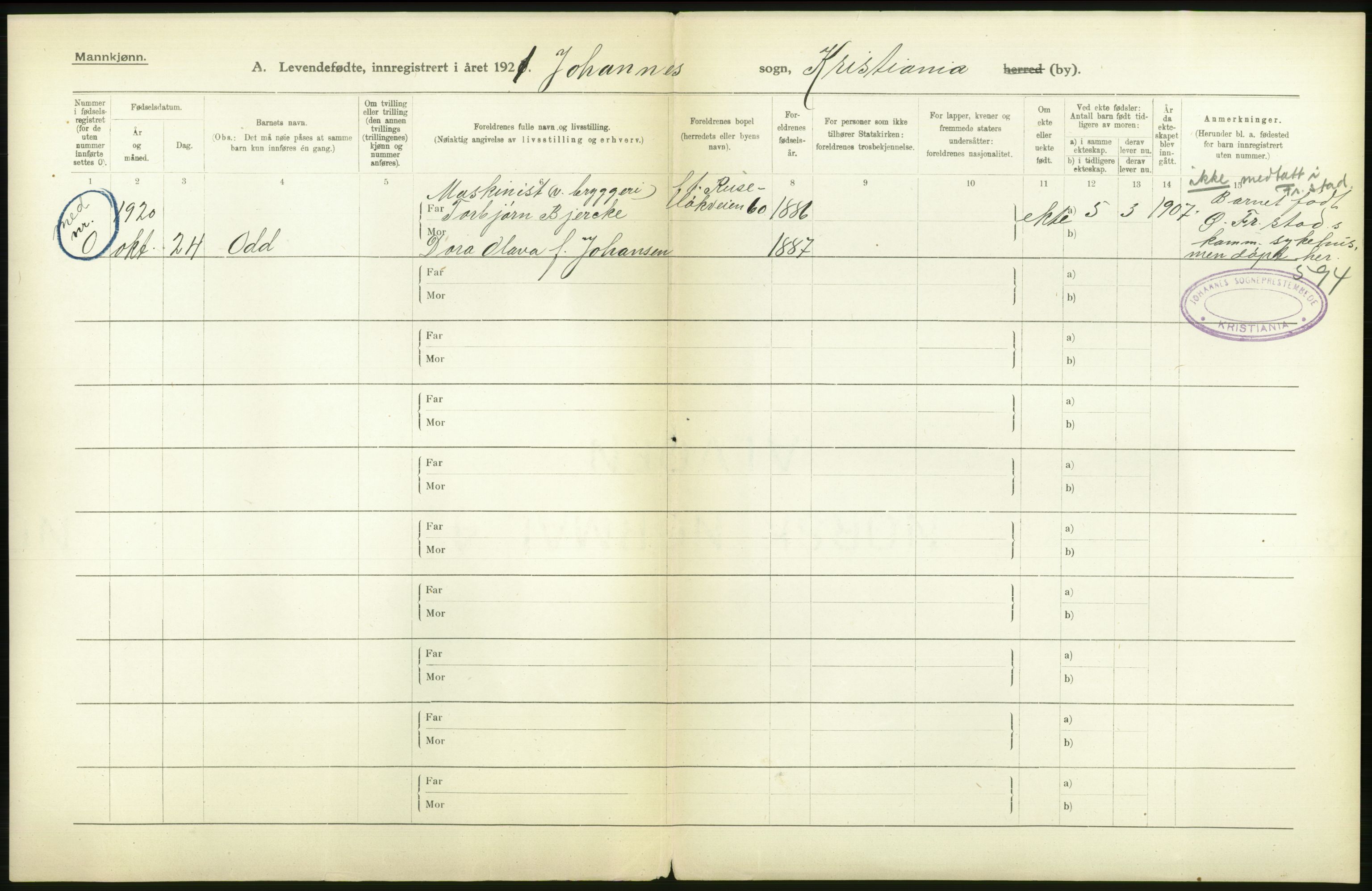 Statistisk sentralbyrå, Sosiodemografiske emner, Befolkning, RA/S-2228/D/Df/Dfc/Dfca/L0009: Kristiania: Levendefødte menn og kvinner., 1921, s. 474