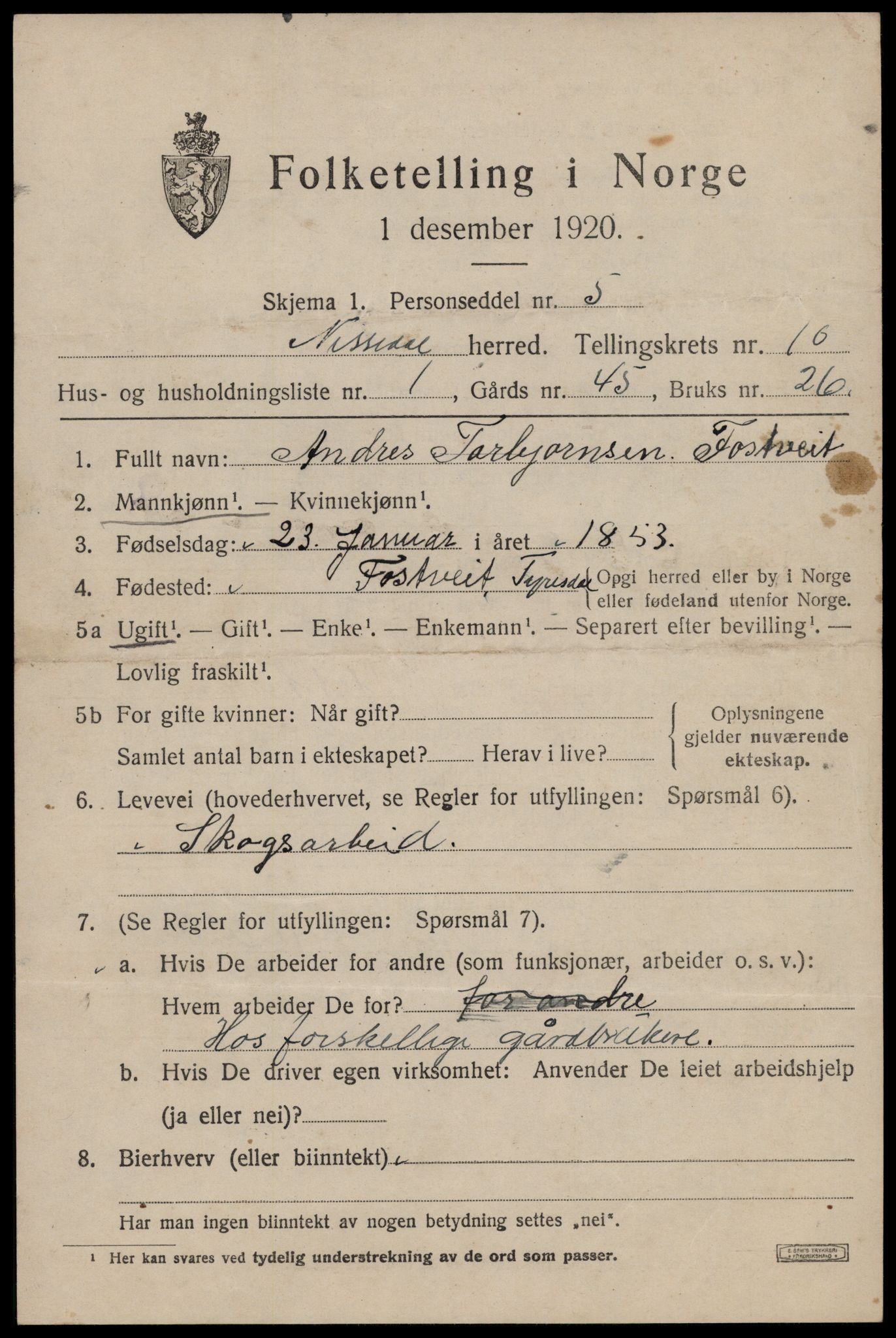 SAKO, Folketelling 1920 for 0830 Nissedal herred, 1920, s. 3895