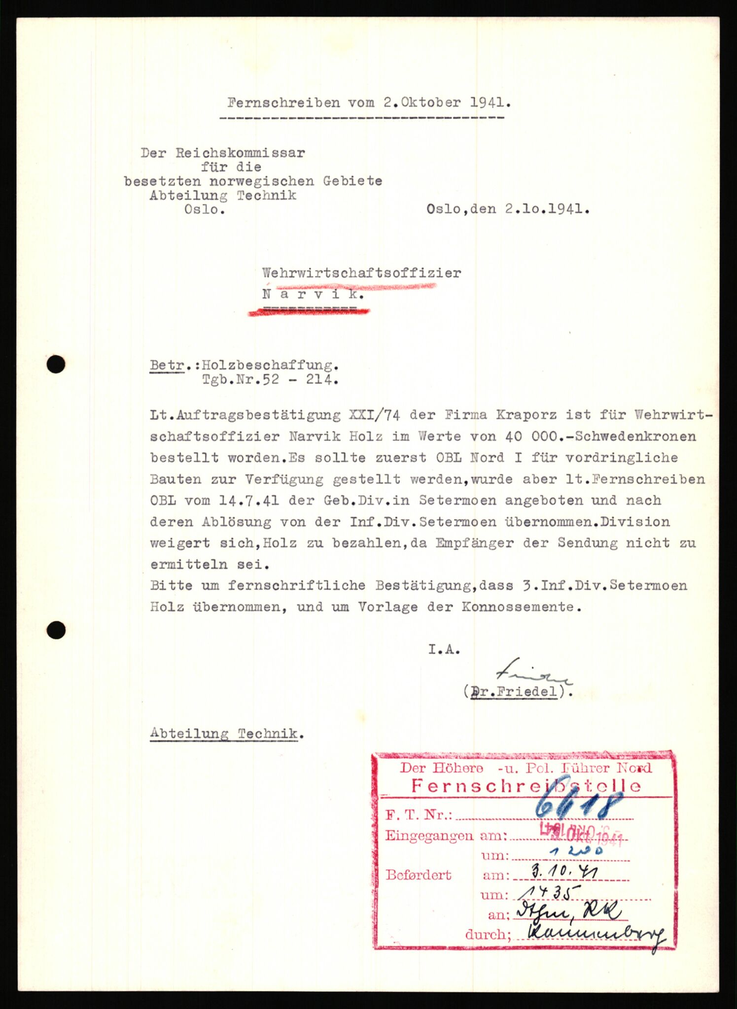 Tyske arkiver, Organisation Todt (OT), Einsatzgruppe Wiking, AV/RA-RAFA-2188/2/B/Bb/L0006: Korrespondanse med Kriegsmarine, 1940-1941, s. 31