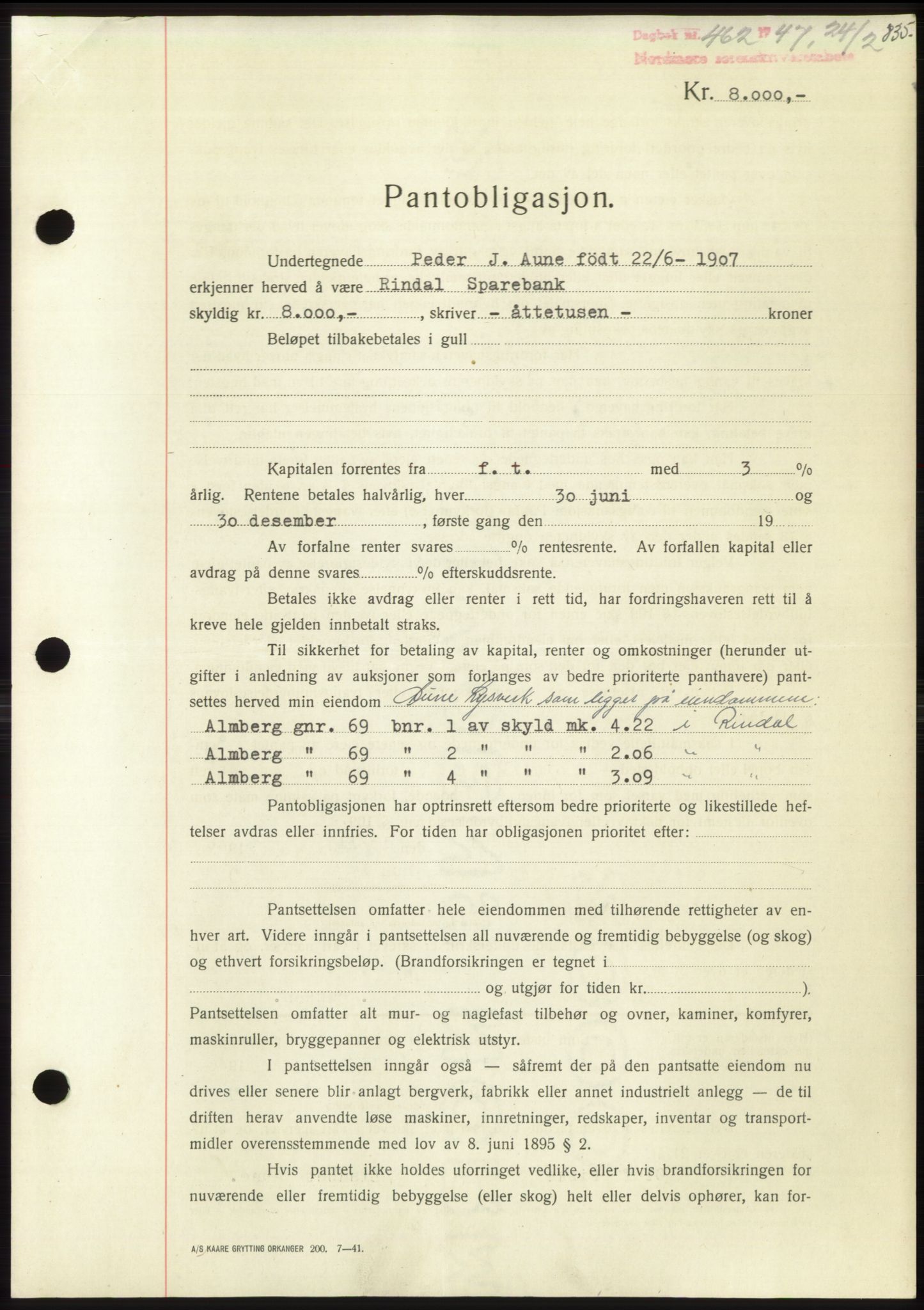 Nordmøre sorenskriveri, SAT/A-4132/1/2/2Ca: Pantebok nr. B95, 1946-1947, Dagboknr: 462/1947