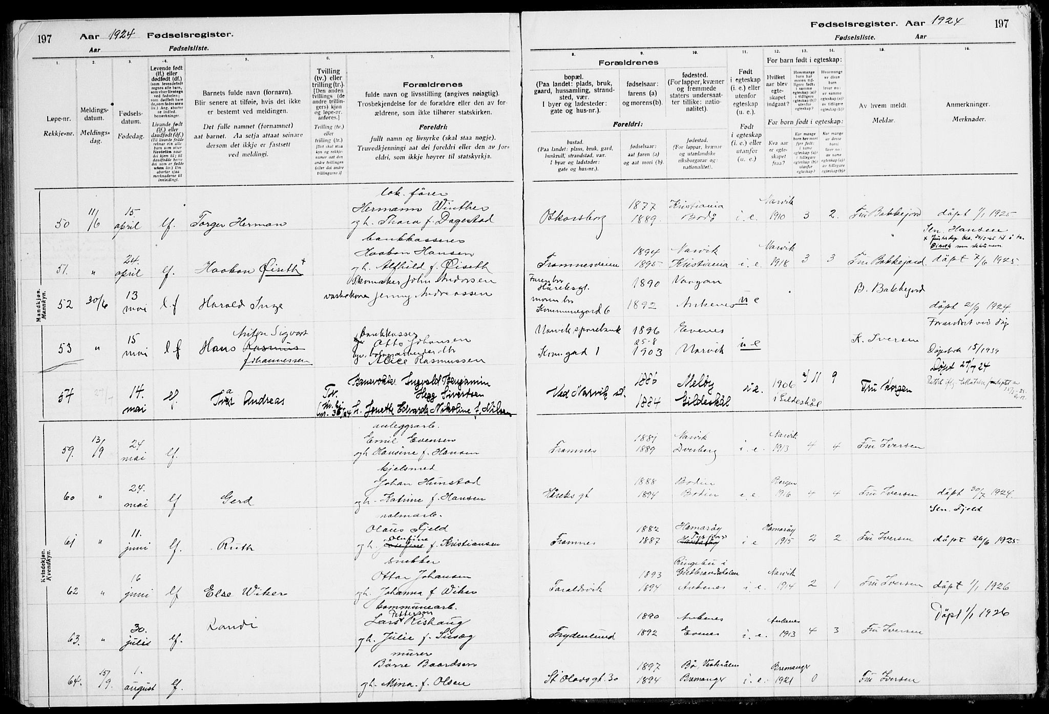 Ministerialprotokoller, klokkerbøker og fødselsregistre - Nordland, AV/SAT-A-1459/871/L1013: Fødselsregister nr. 871.II.4.1, 1916-1924, s. 197