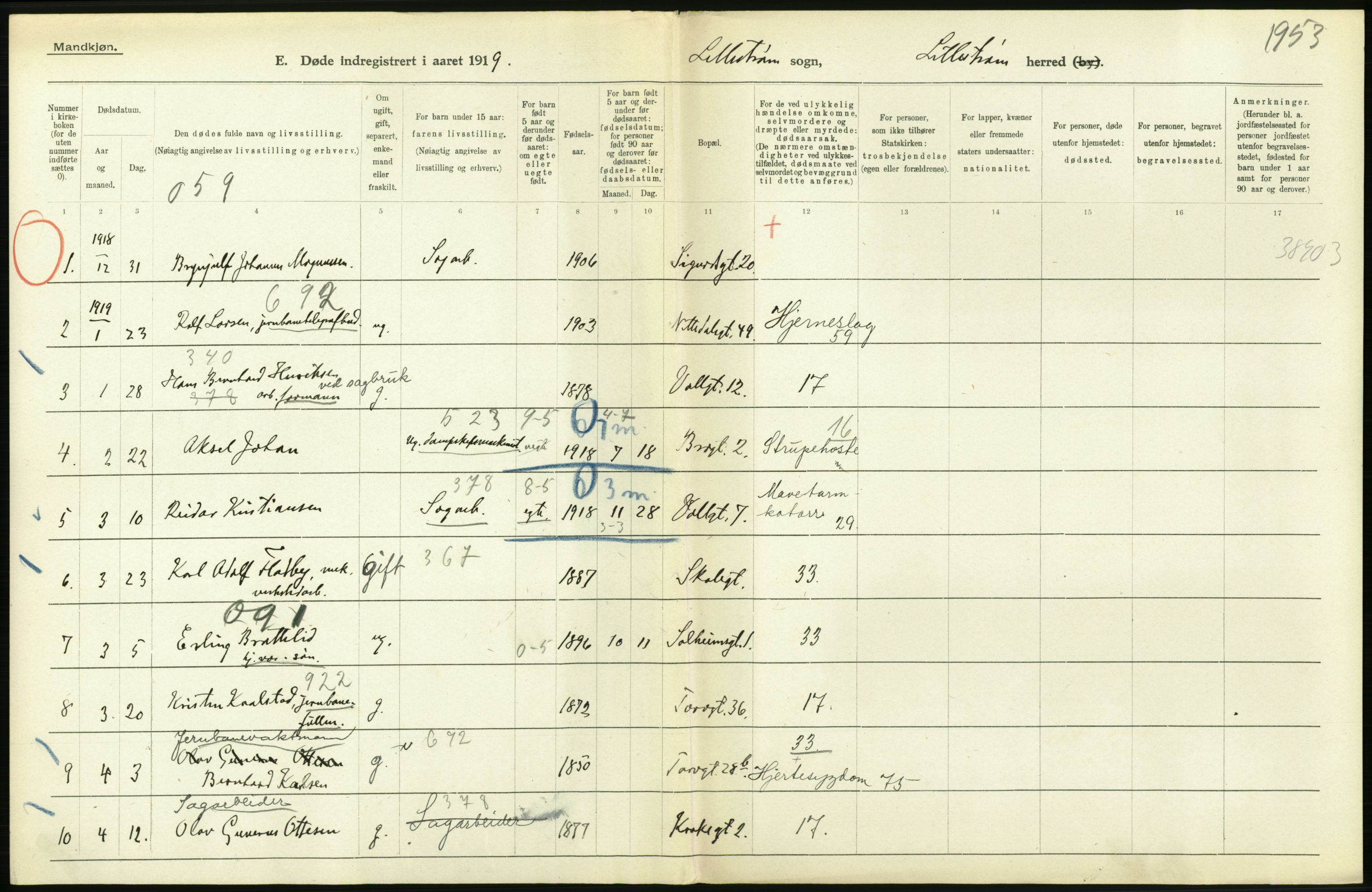 Statistisk sentralbyrå, Sosiodemografiske emner, Befolkning, RA/S-2228/D/Df/Dfb/Dfbi/L0006: Akershus fylke: Døde. Bygder og byer., 1919, s. 208