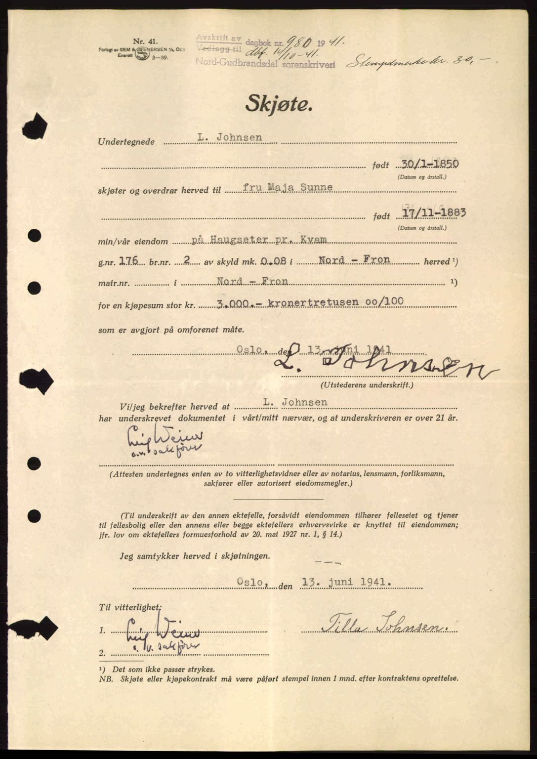 Nord-Gudbrandsdal tingrett, SAH/TING-002/H/Hb/Hbb/L0007: Pantebok nr. FA7, 1941-1941, Dagboknr: 980/1941