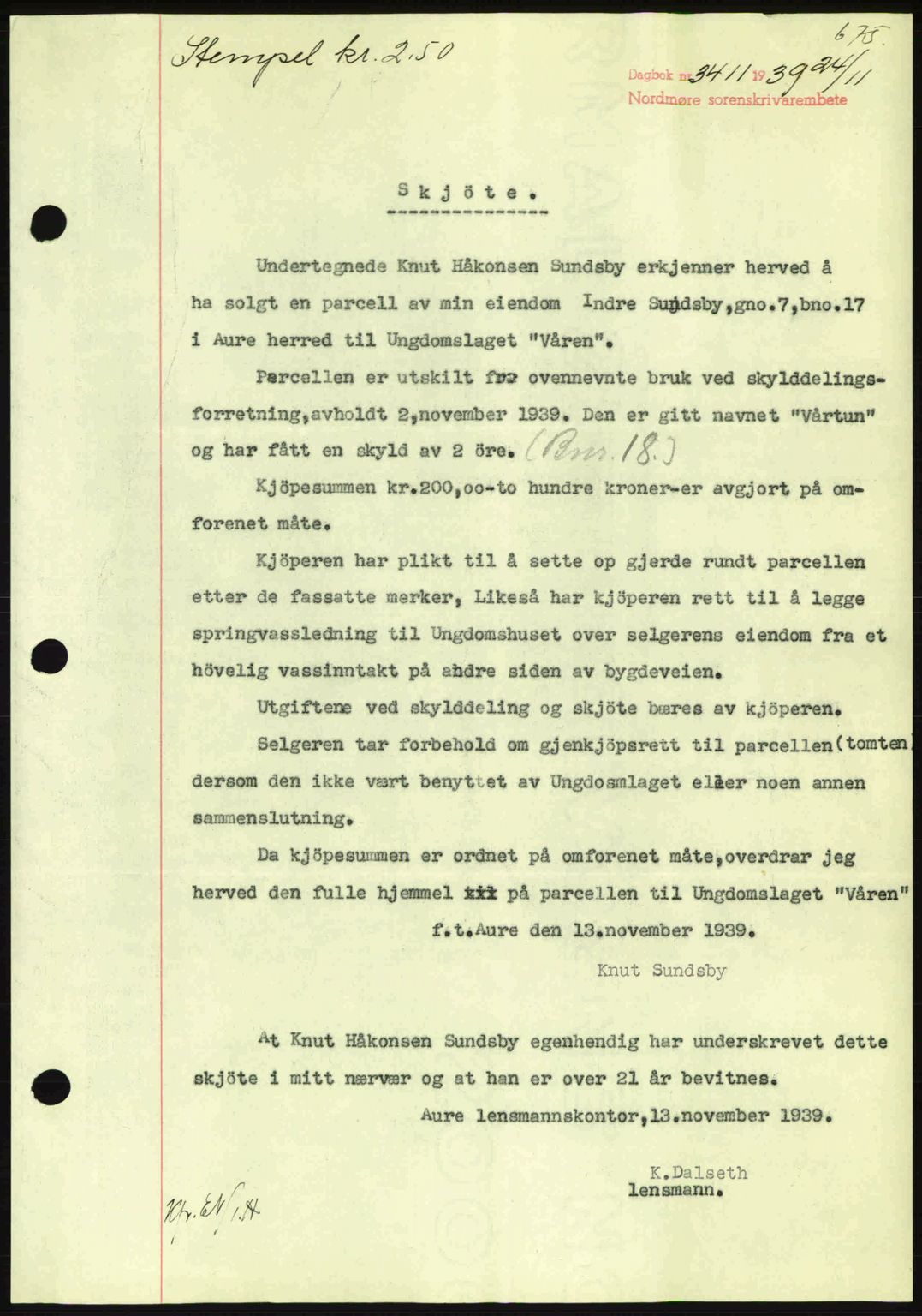 Nordmøre sorenskriveri, SAT/A-4132/1/2/2Ca: Pantebok nr. A87, 1939-1940, Dagboknr: 3411/1939