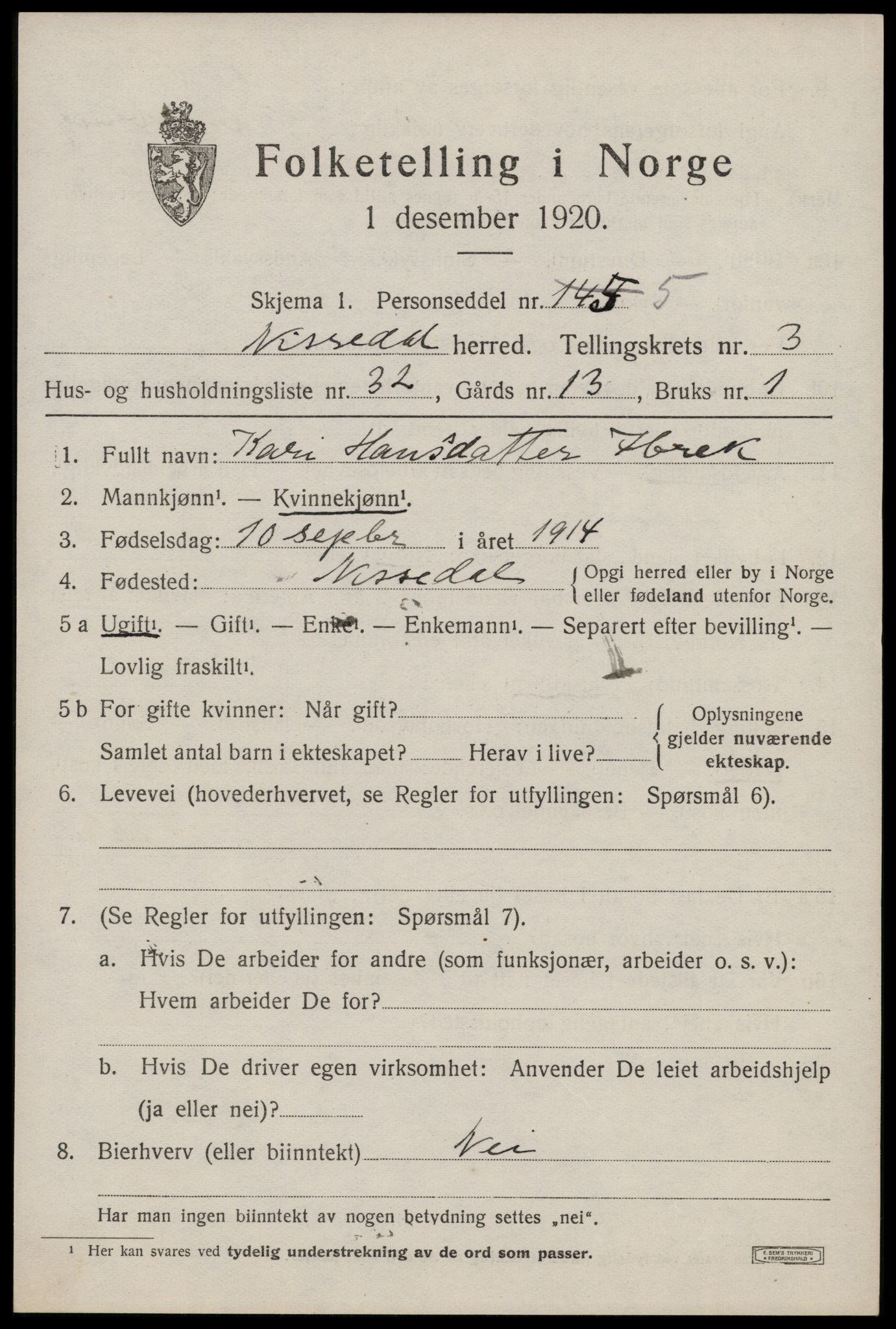 SAKO, Folketelling 1920 for 0830 Nissedal herred, 1920, s. 1785