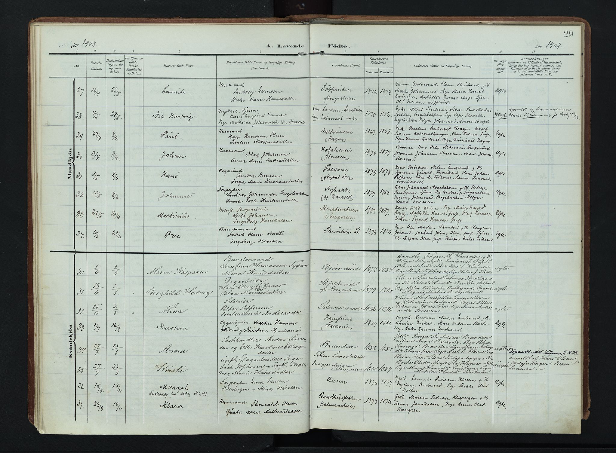 Søndre Land prestekontor, AV/SAH-PREST-122/K/L0007: Ministerialbok nr. 7, 1905-1914, s. 29