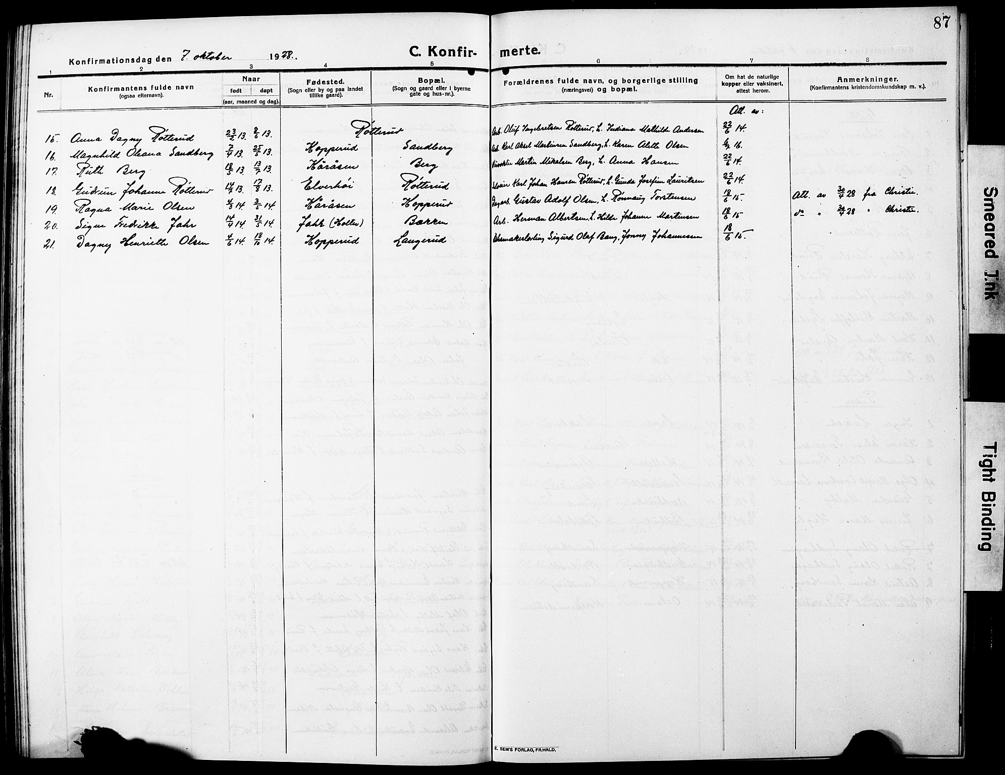 Nannestad prestekontor Kirkebøker, AV/SAO-A-10414a/G/Ga/L0003: Klokkerbok nr. I 3, 1914-1929, s. 87