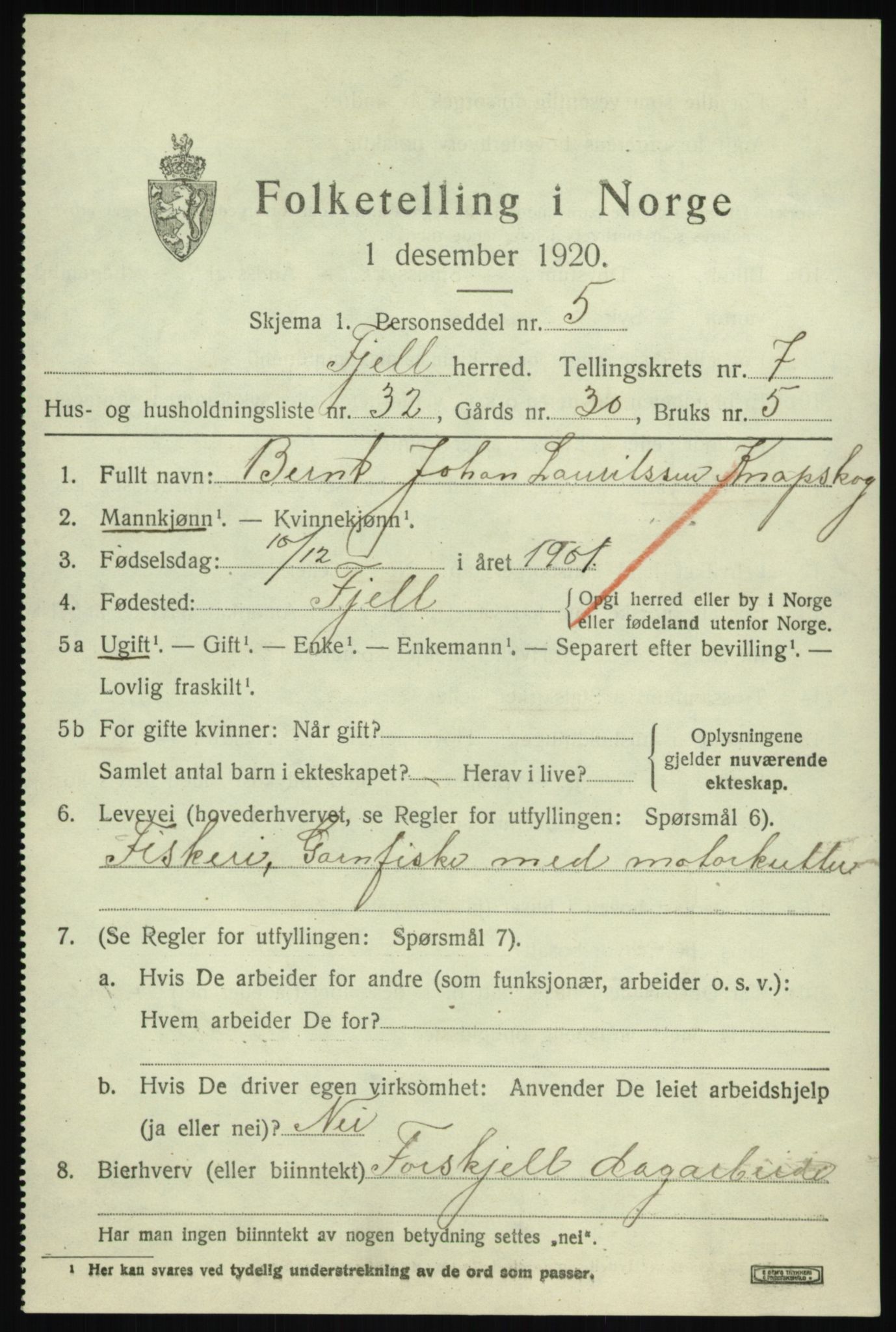 SAB, Folketelling 1920 for 1246 Fjell herred, 1920, s. 6820