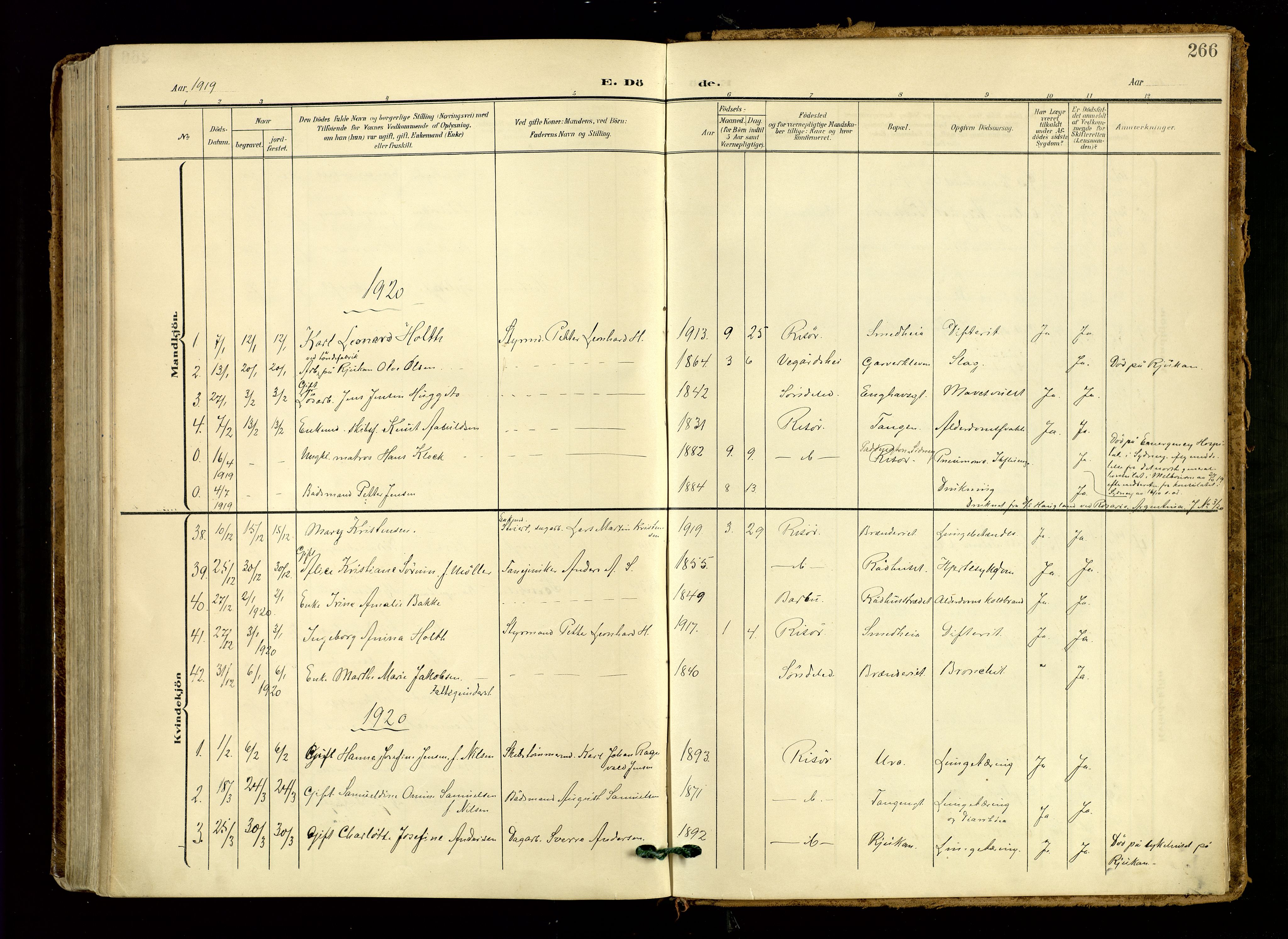 Risør sokneprestkontor, AV/SAK-1111-0035/F/Fa/L0011: Ministerialbok nr. A 11, 1907-1920, s. 266