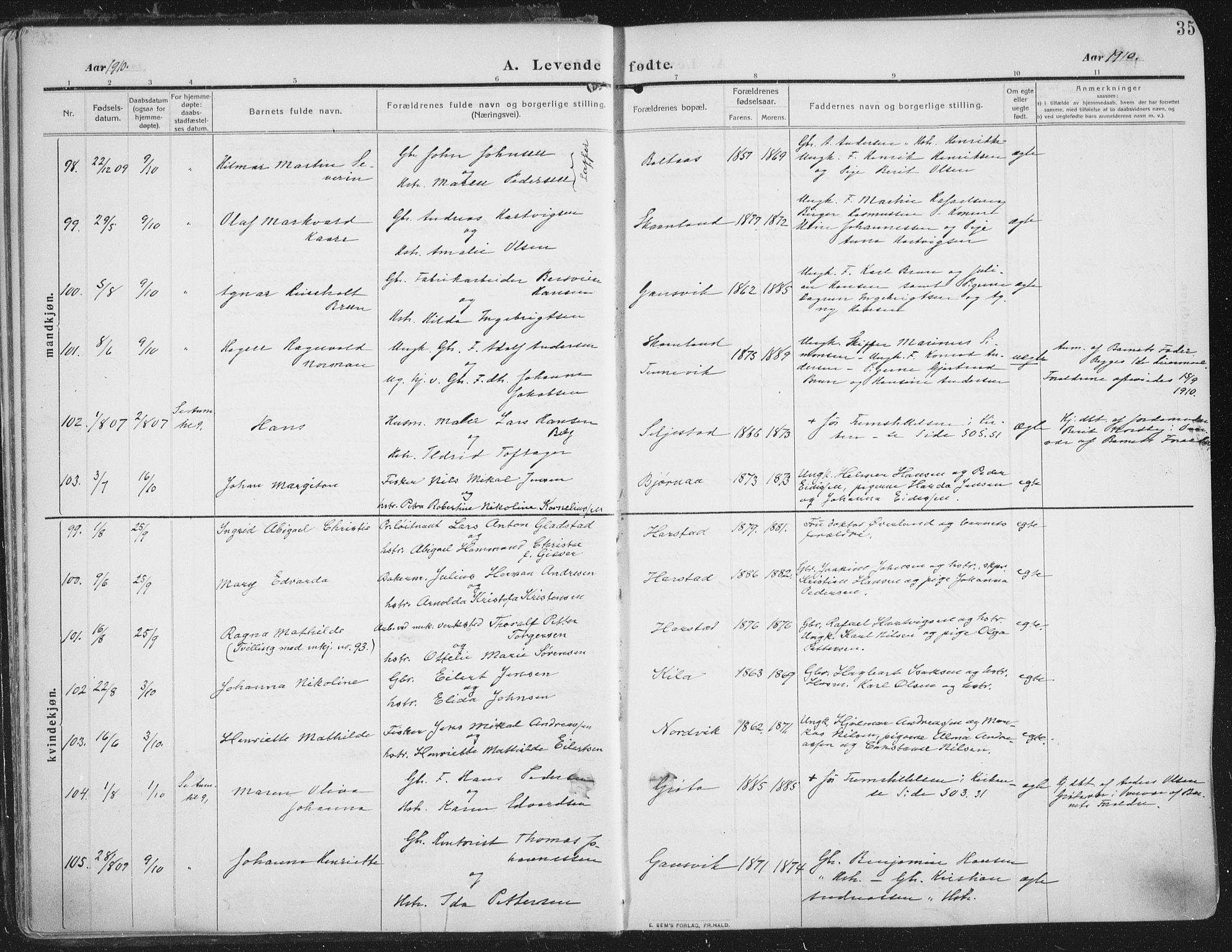 Trondenes sokneprestkontor, AV/SATØ-S-1319/H/Ha/L0018kirke: Ministerialbok nr. 18, 1909-1918, s. 35