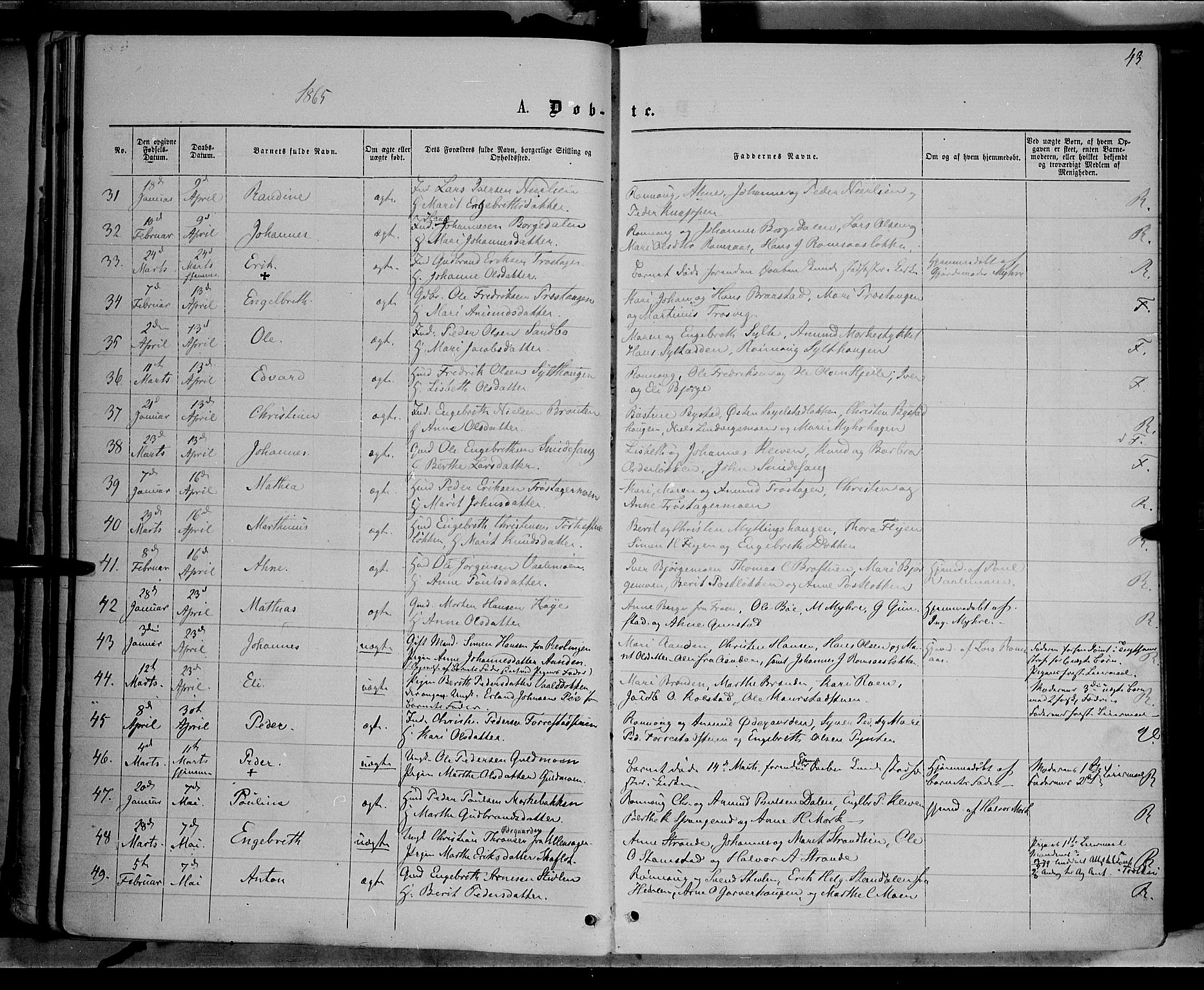 Ringebu prestekontor, AV/SAH-PREST-082/H/Ha/Haa/L0007: Ministerialbok nr. 7, 1860-1877, s. 43