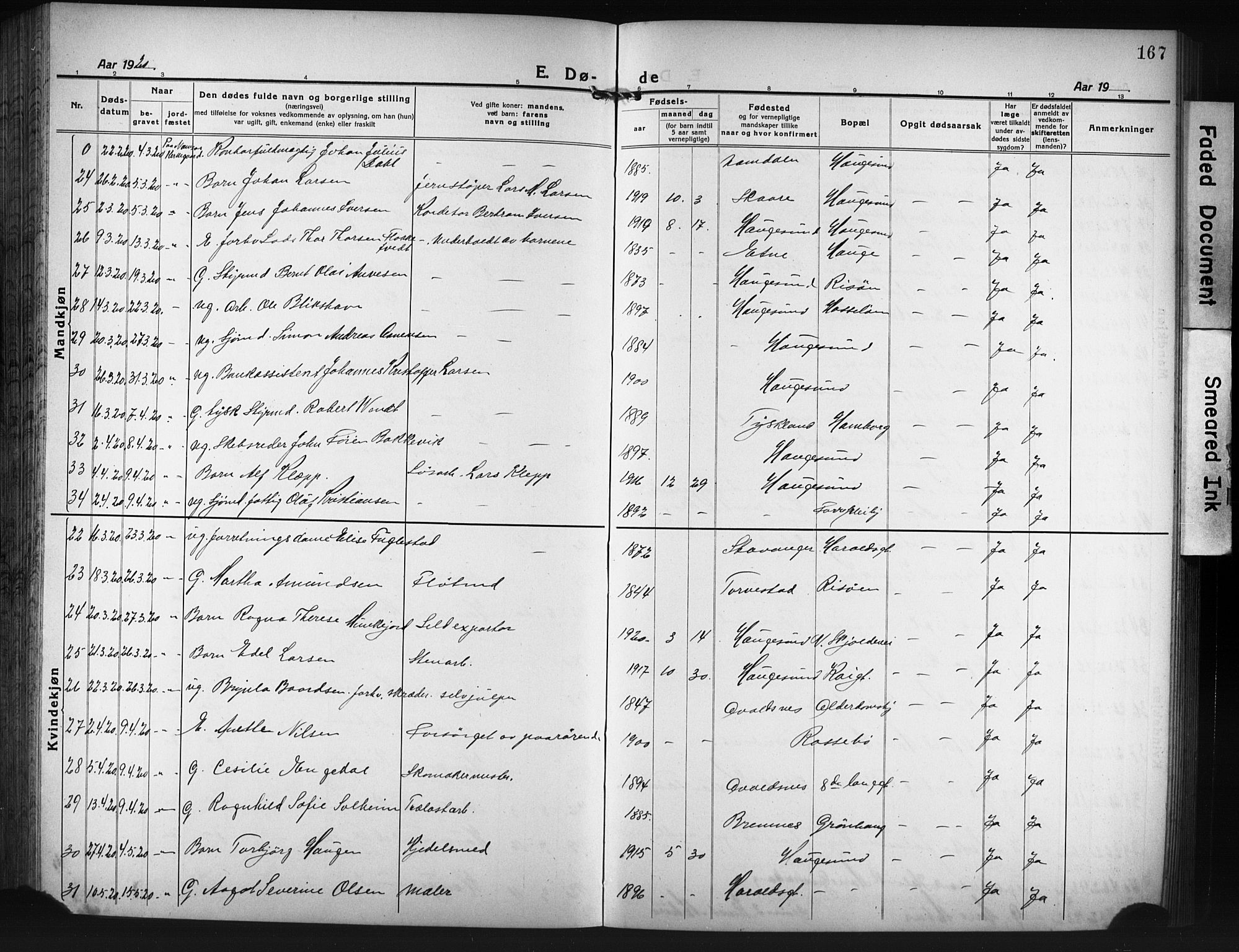 Haugesund sokneprestkontor, AV/SAST-A -101863/H/Ha/Hab/L0010: Klokkerbok nr. B 10, 1920-1931, s. 167