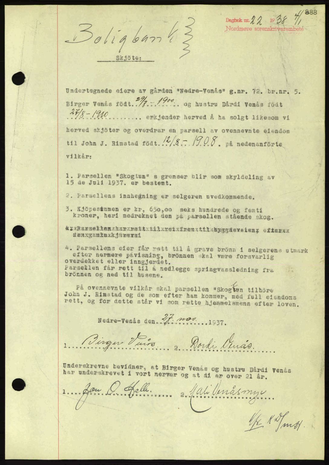 Nordmøre sorenskriveri, SAT/A-4132/1/2/2Ca: Pantebok nr. A82, 1937-1938, Dagboknr: 22/1938