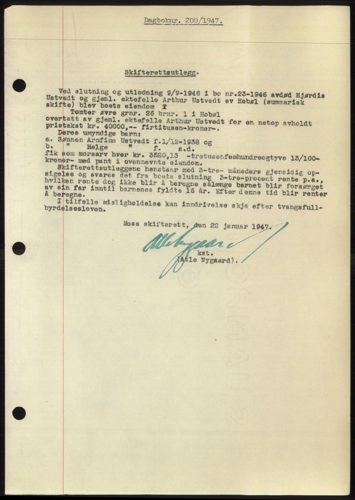 Moss sorenskriveri, SAO/A-10168: Pantebok nr. B16, 1946-1947, Dagboknr: 200/1947