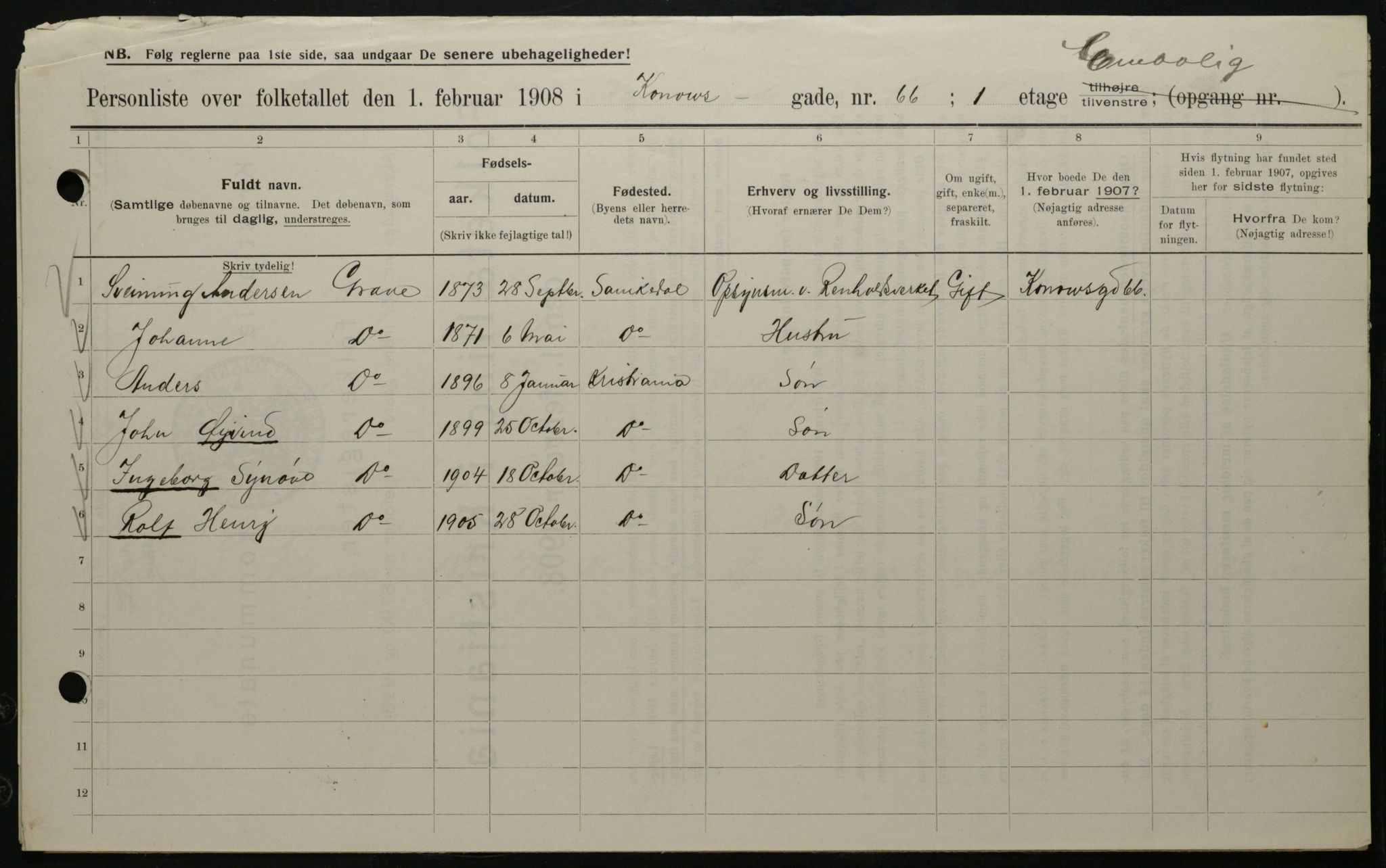 OBA, Kommunal folketelling 1.2.1908 for Kristiania kjøpstad, 1908, s. 47850